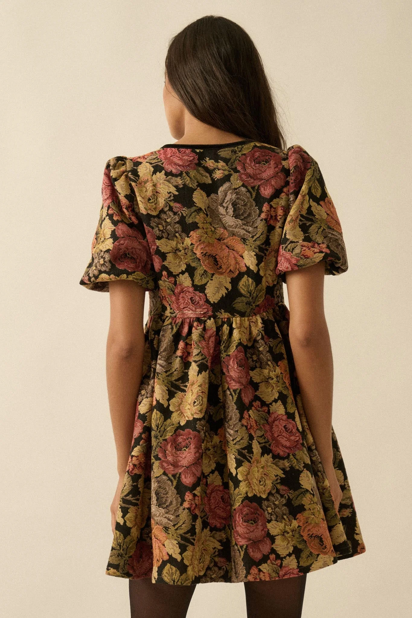 Sunset Harvest Floral Tapestry Babydoll Mini Dress - Image 2