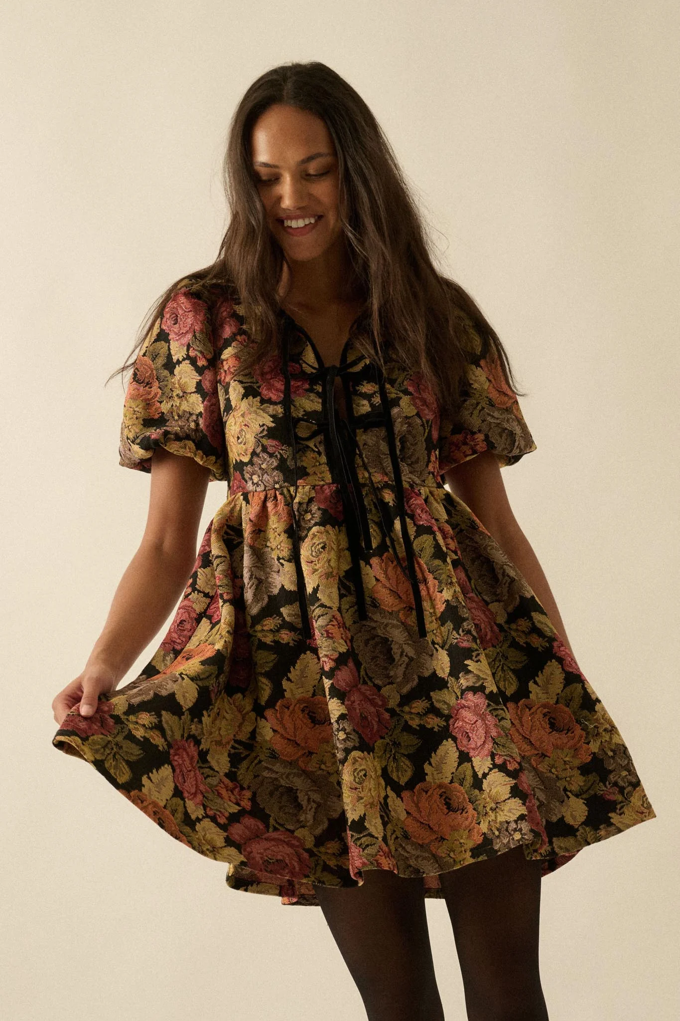 Sunset Harvest Floral Tapestry Babydoll Mini Dress - Image 3