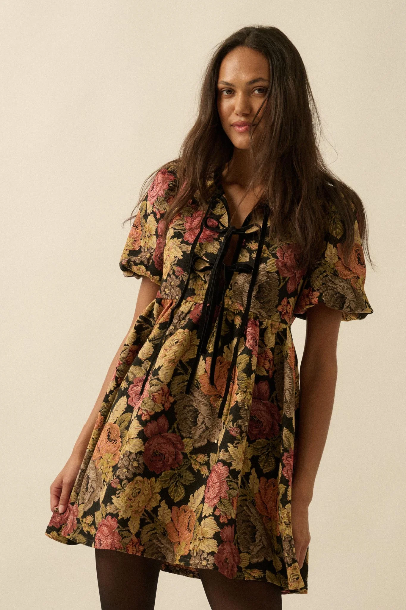 Sunset Harvest Floral Tapestry Babydoll Mini Dress - Image 5