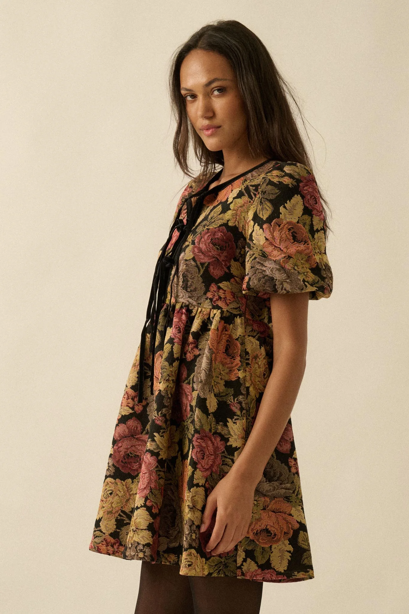 Sunset Harvest Floral Tapestry Babydoll Mini Dress - Image 6