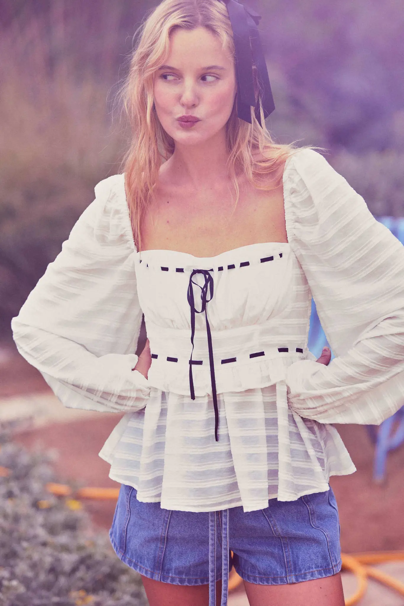 Sweet Infatuation Striped Ribbon-Trim Peasant Top - Image 2