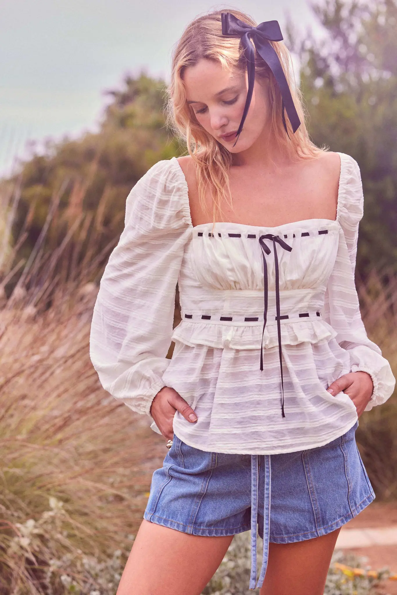 Sweet Infatuation Striped Ribbon-Trim Peasant Top - Image 3