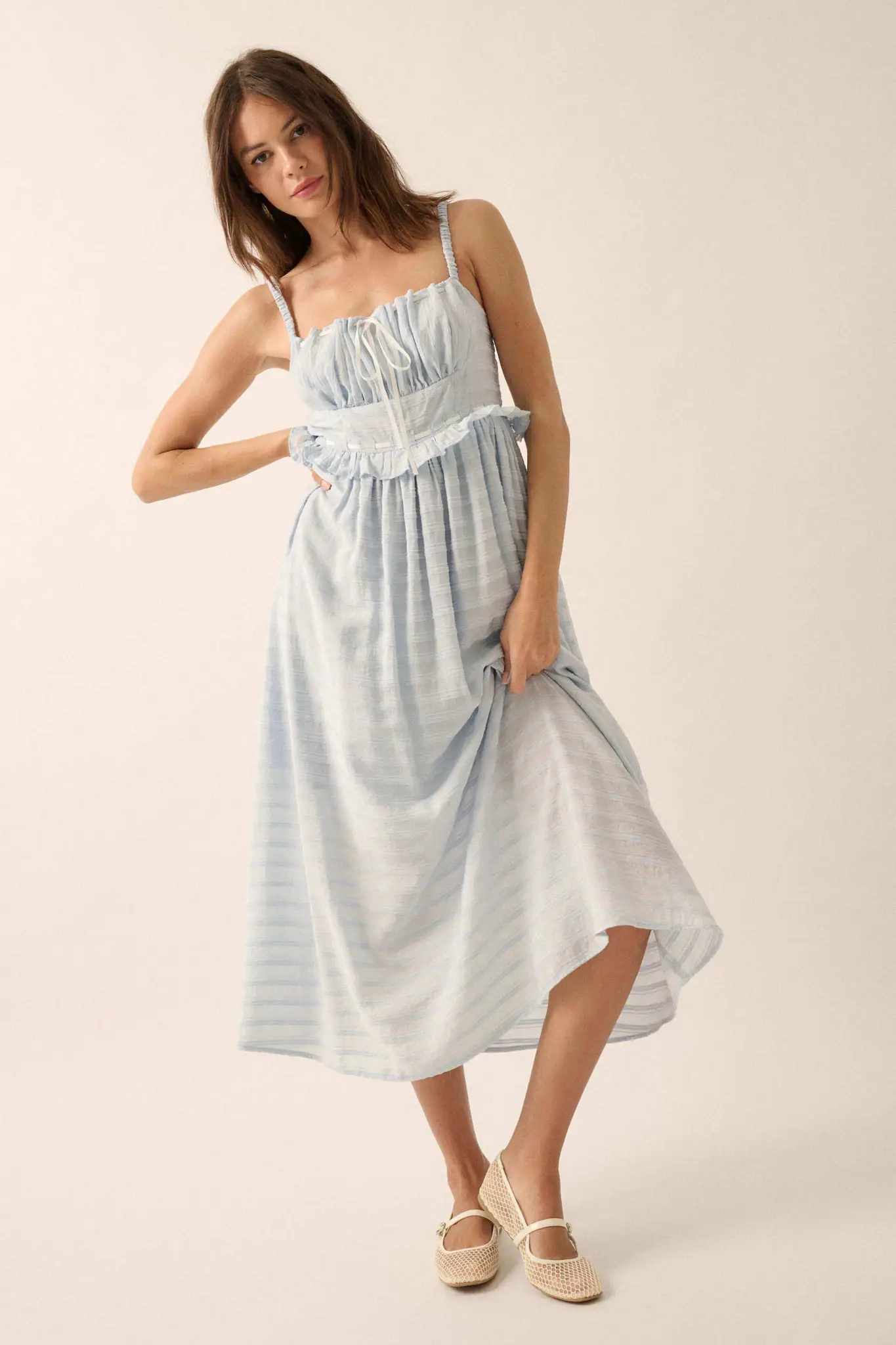 Sweet Prelude Striped Ribbon-Trim Midi Dress - Image 4