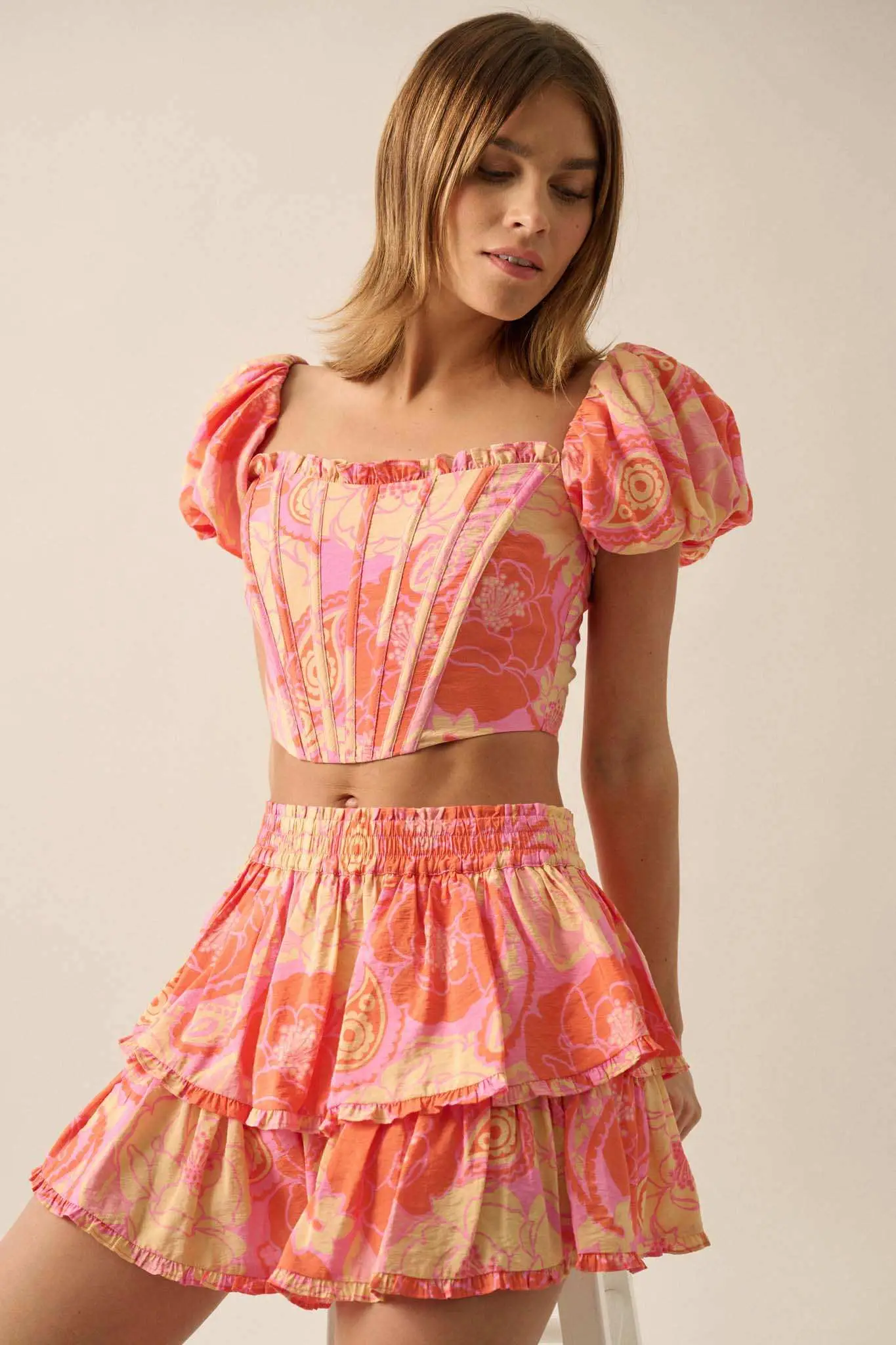 Sweet Sorbet Floral Paisley Puff-Sleeve Corset Top - Image 6