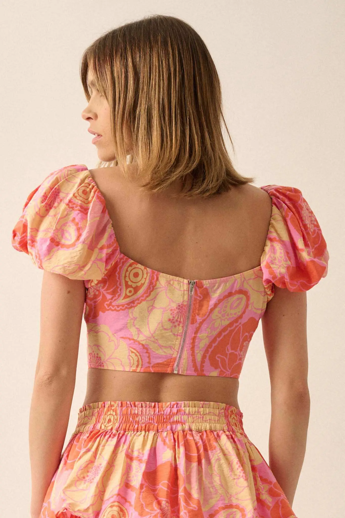 Sweet Sorbet Floral Paisley Puff-Sleeve Corset Top - Image 8