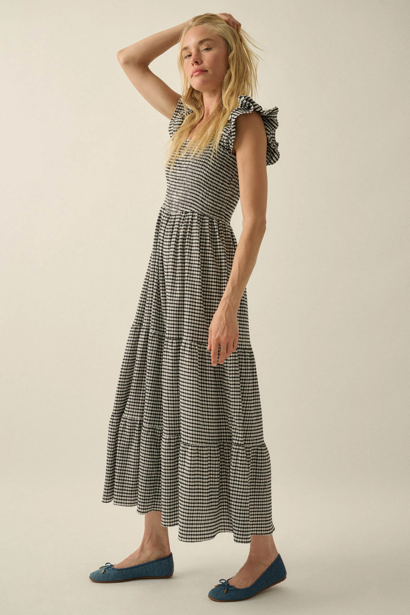 Sweet Treat Smocked Gingham Ruffle Midi Dress - Image 11