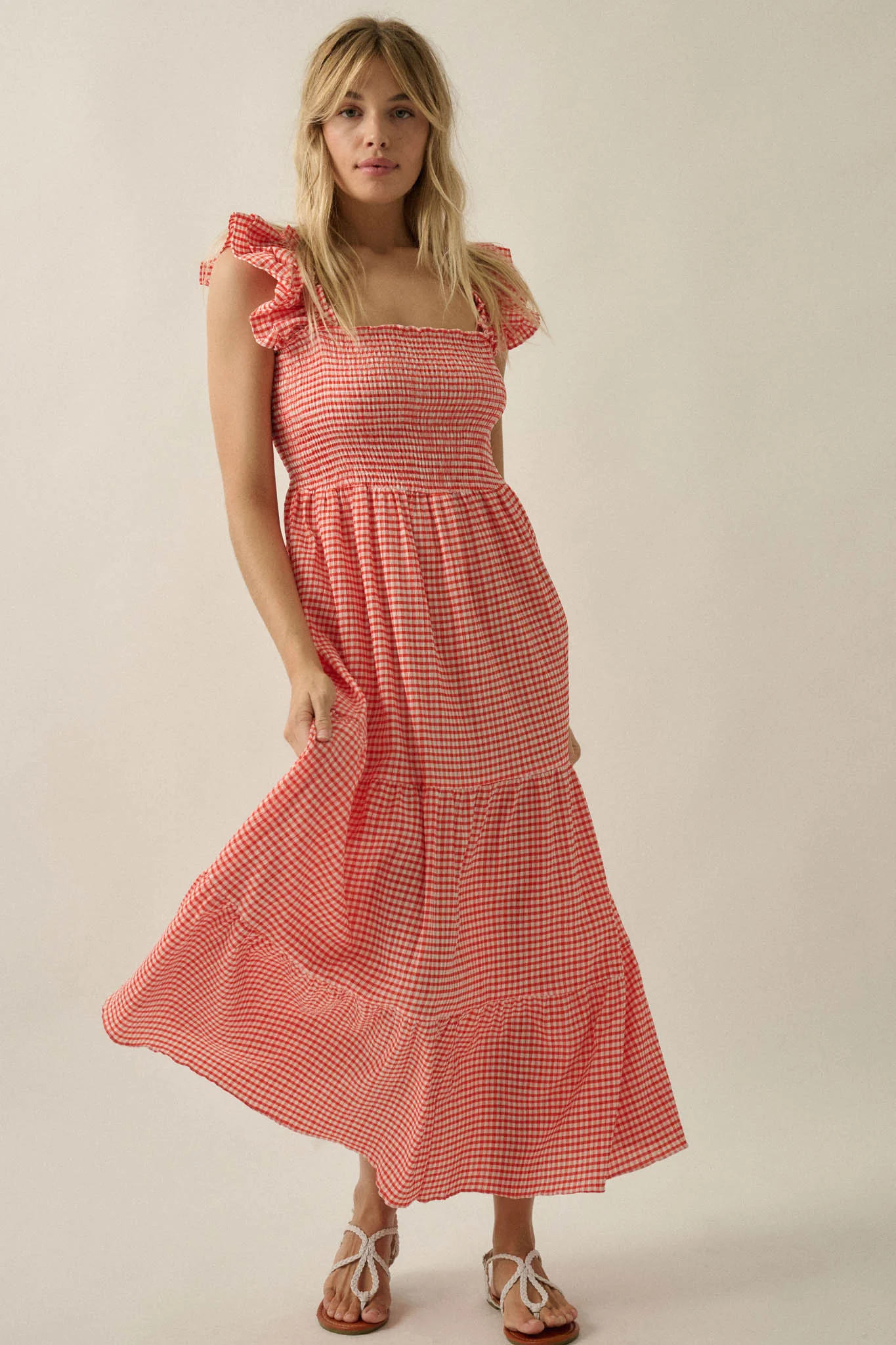 Sweet Treat Smocked Gingham Ruffle Midi Dress - Image 13
