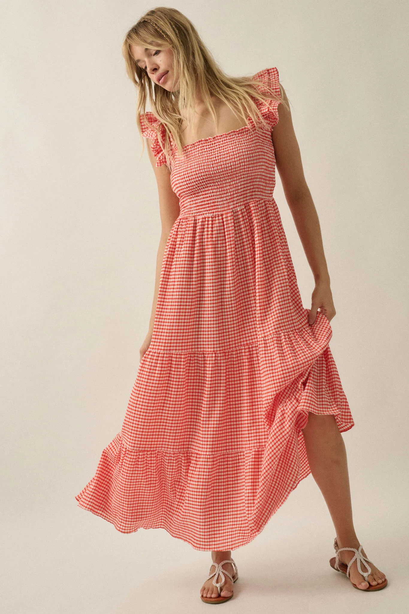 Sweet Treat Smocked Gingham Ruffle Midi Dress - Image 15
