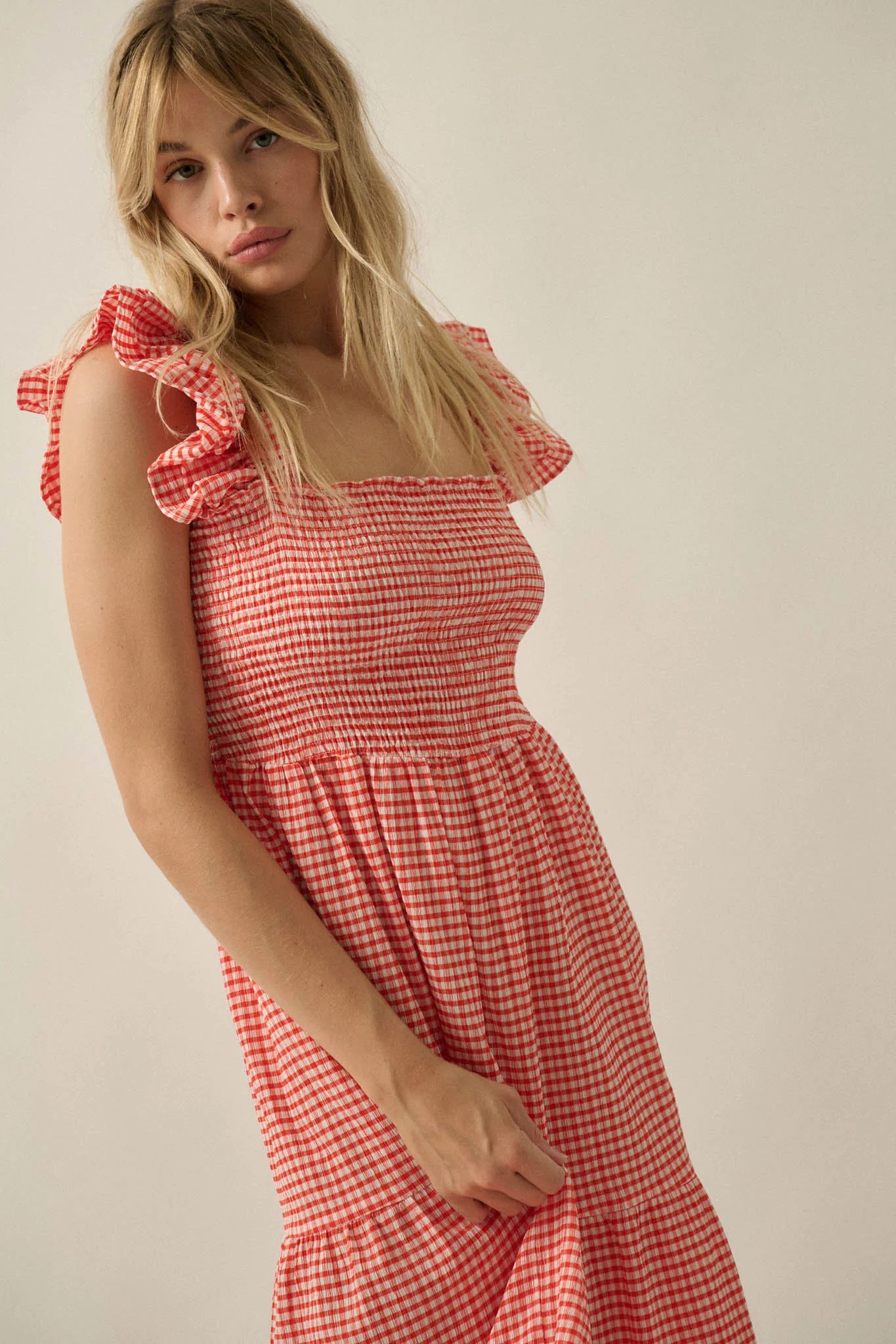 Sweet Treat Smocked Gingham Ruffle Midi Dress - Image 16