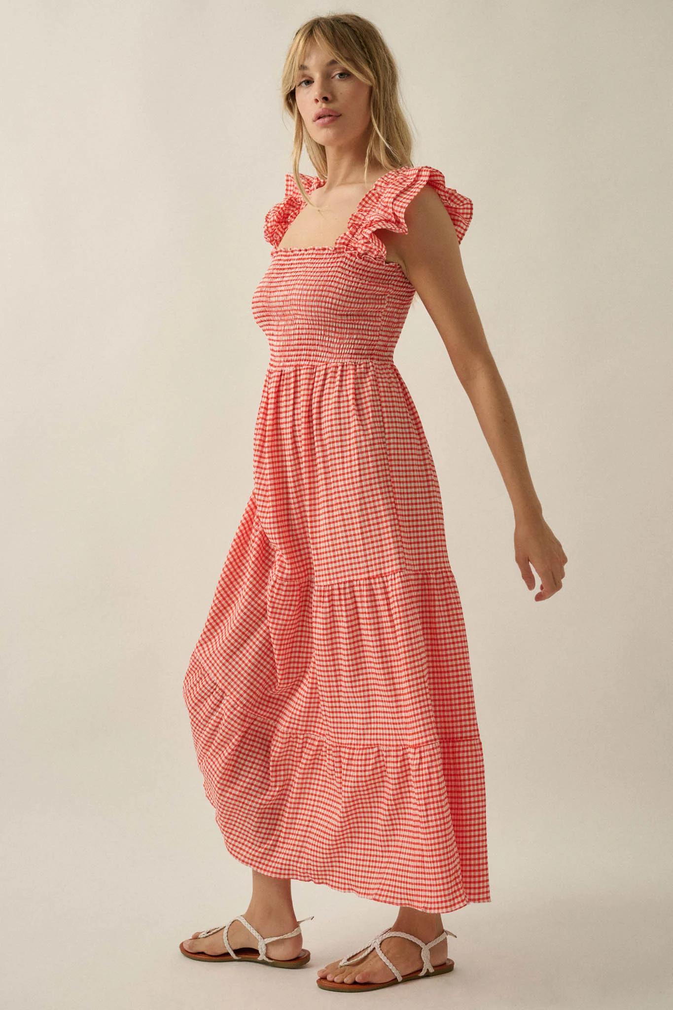 Sweet Treat Smocked Gingham Ruffle Midi Dress - Image 17