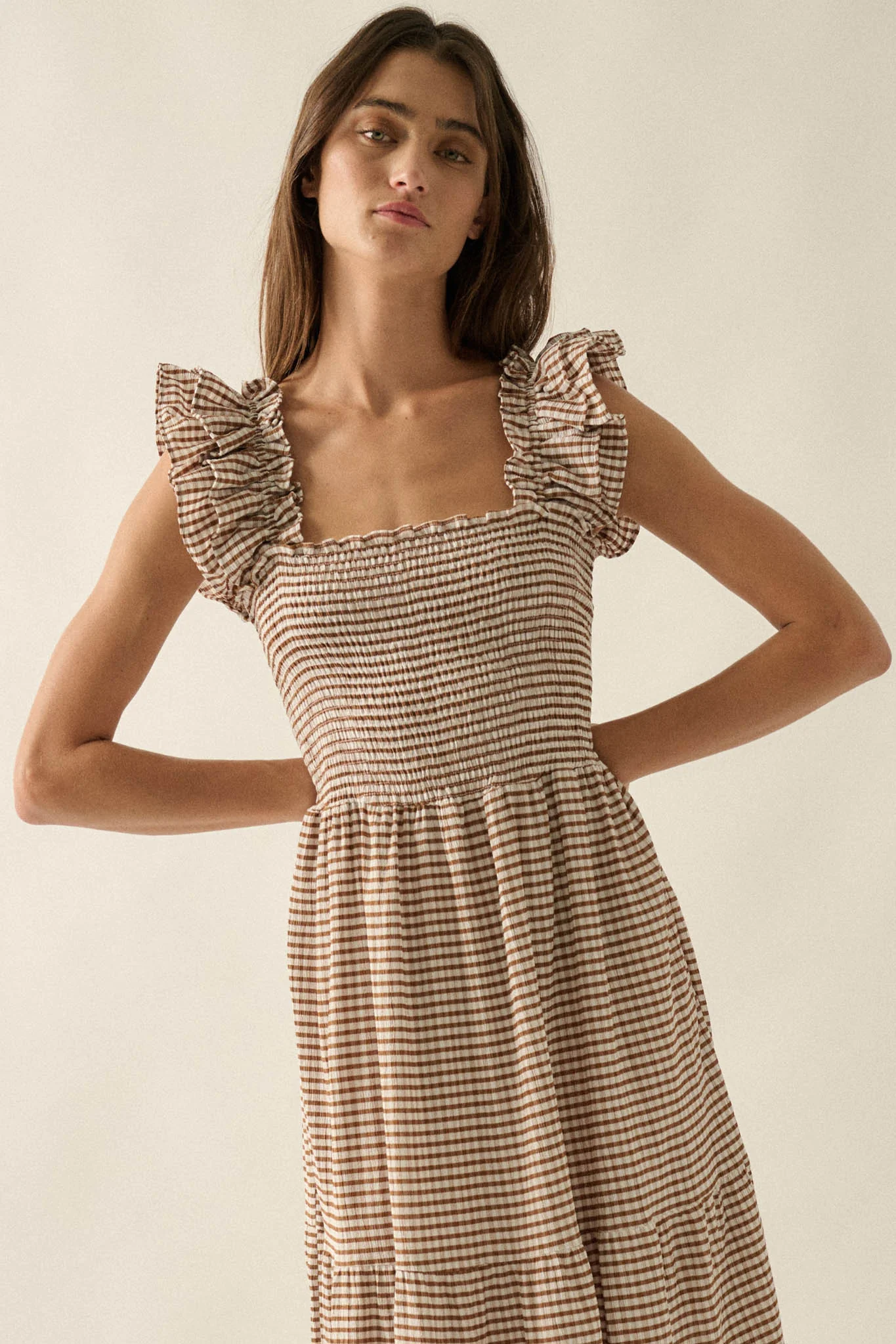 Sweet Treat Smocked Gingham Ruffle Midi Dress - Image 3