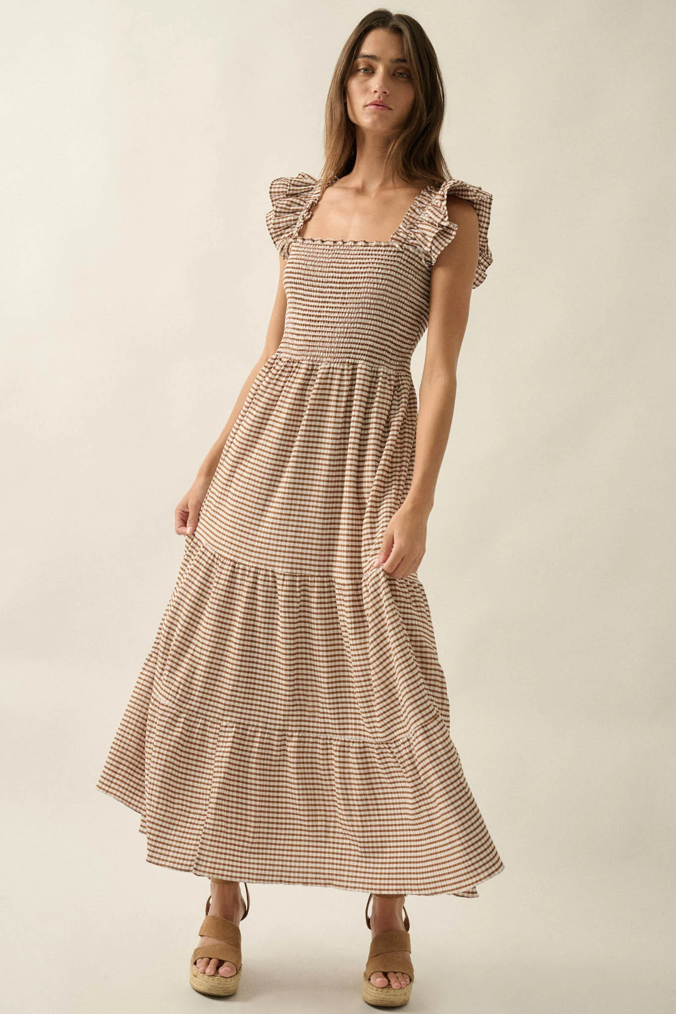 Sweet Treat Smocked Gingham Ruffle Midi Dress - Image 4