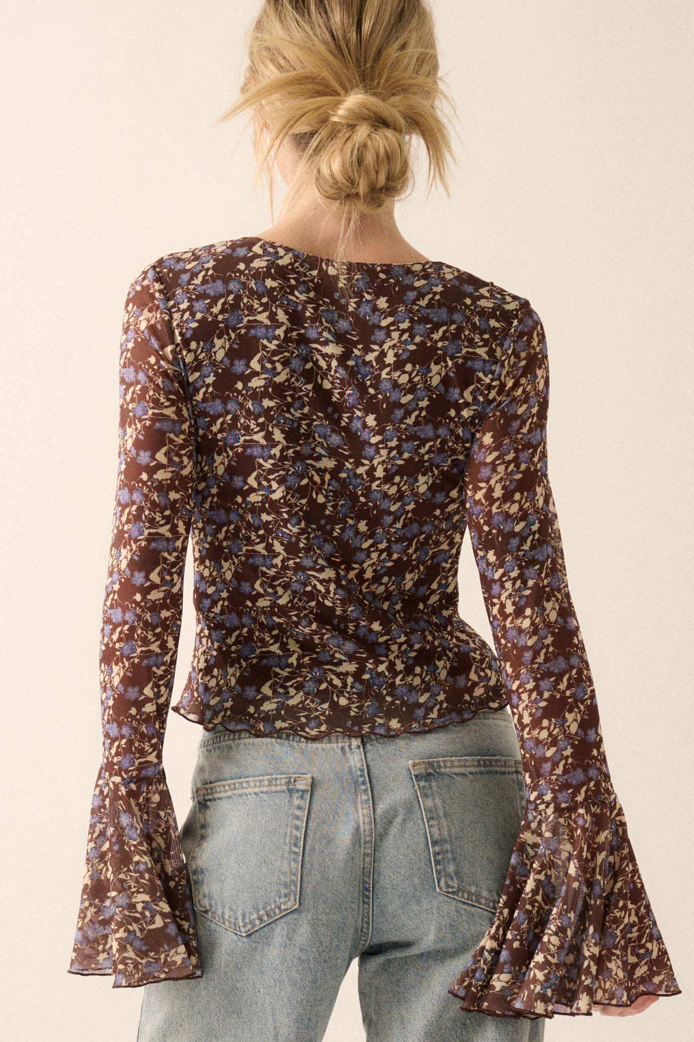 Sweet Violets Floral-Print Mesh Bell-Sleeve Top - Image 2