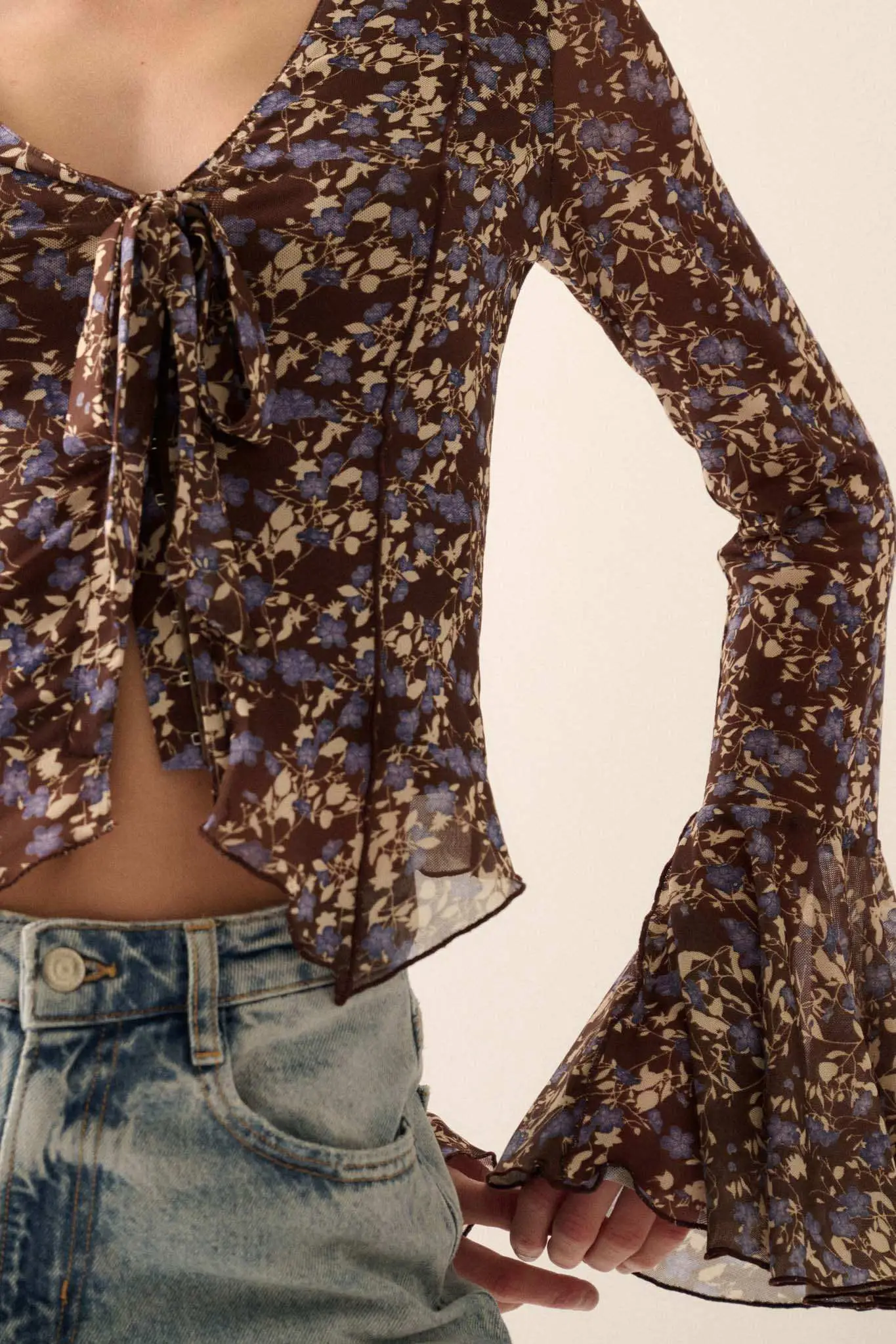 Sweet Violets Floral-Print Mesh Bell-Sleeve Top - Image 4