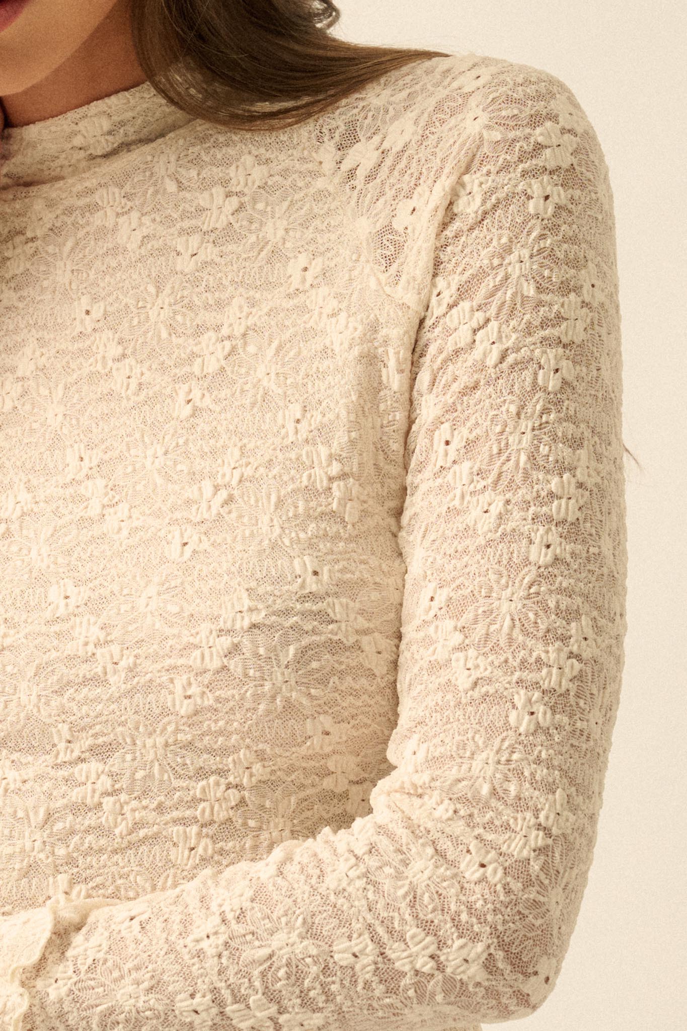 Sweetest Thing Floral Lace Mock-Neck Thumbhole Top - Image 5