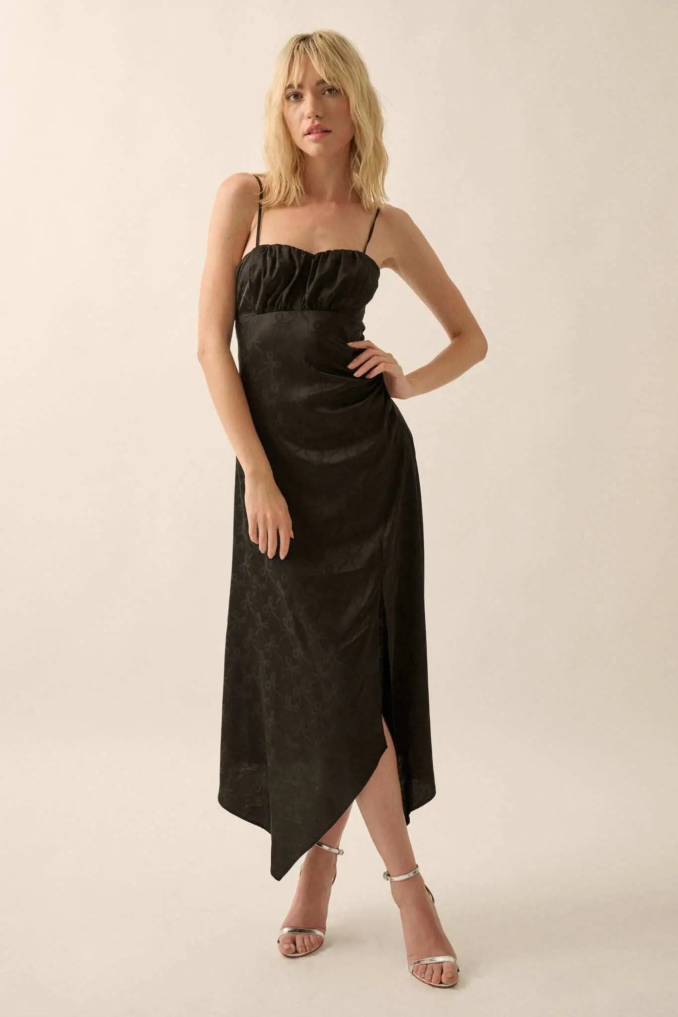 Take a Bow Satin Jacquard Asymmetrical Midi Dress - Image 10
