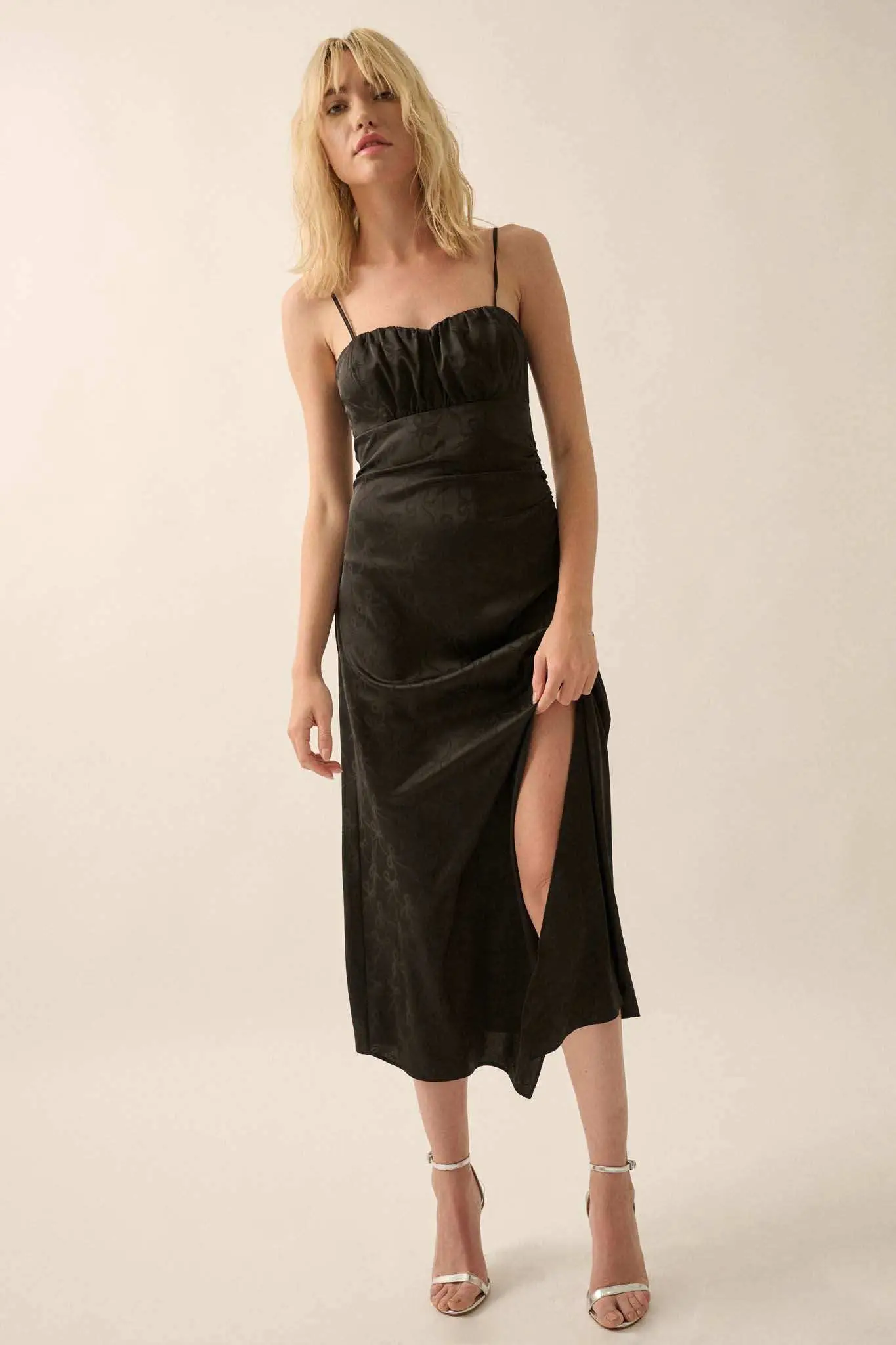 Take a Bow Satin Jacquard Asymmetrical Midi Dress - Image 12