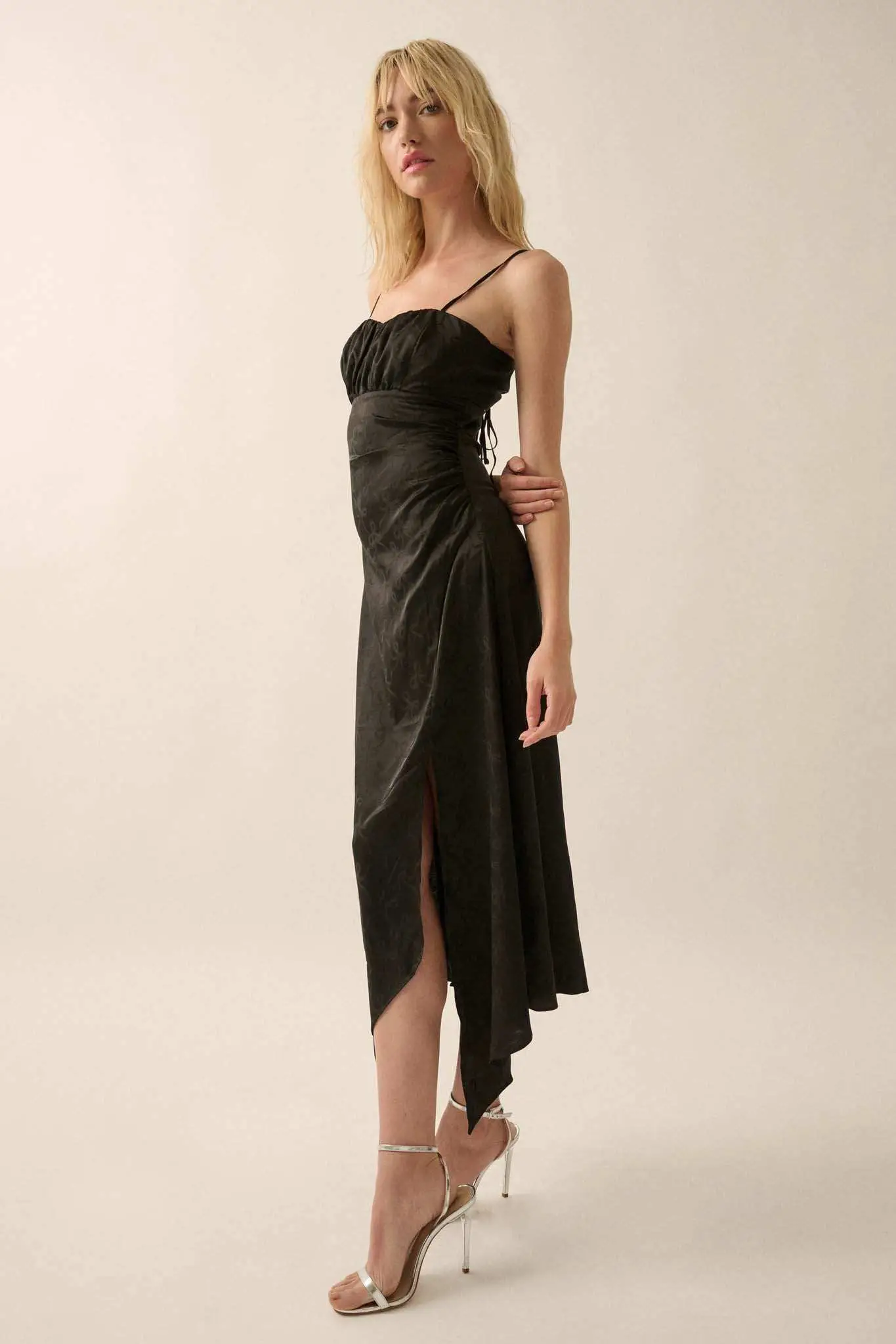 Take a Bow Satin Jacquard Asymmetrical Midi Dress - Image 13