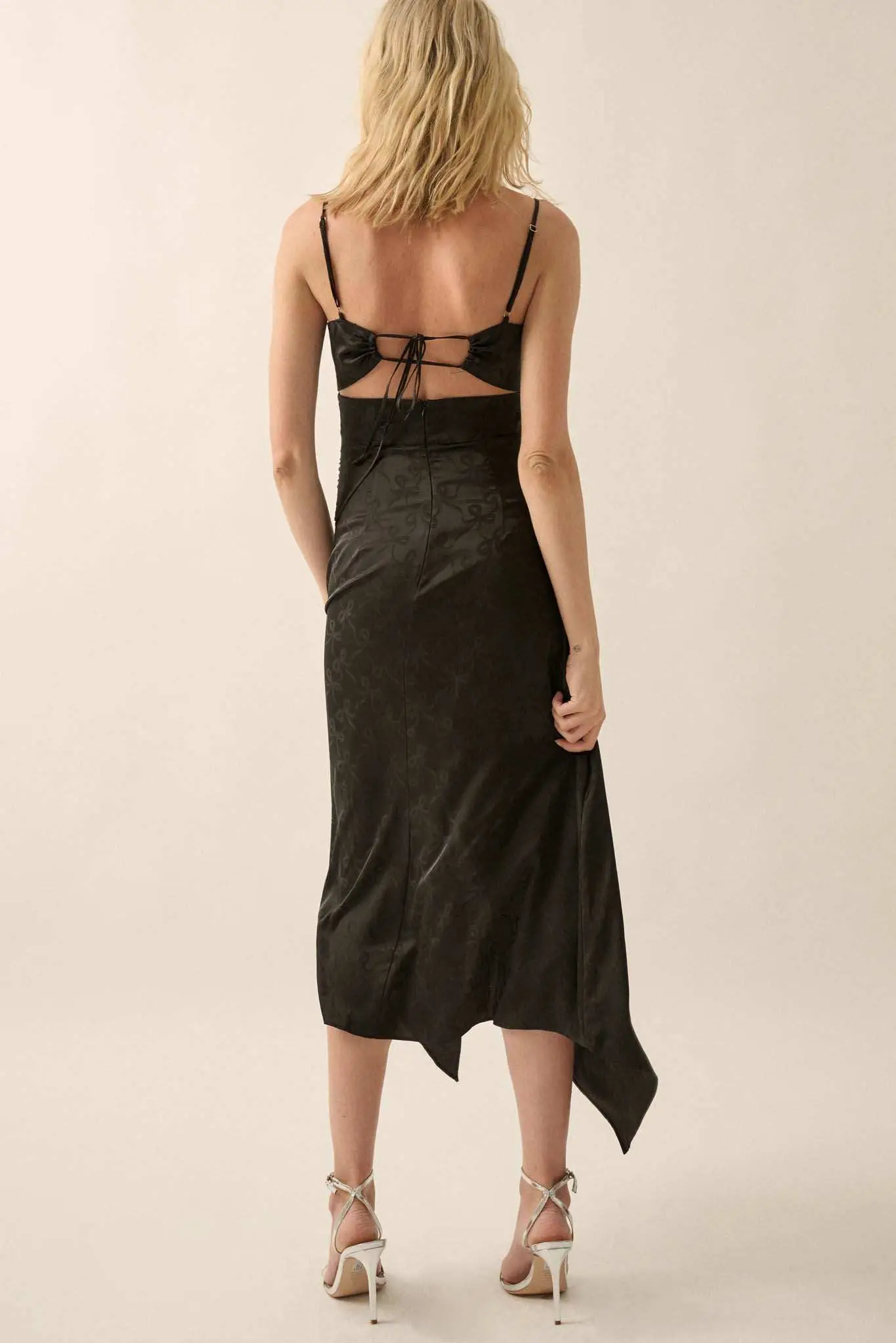 Take a Bow Satin Jacquard Asymmetrical Midi Dress - Image 14
