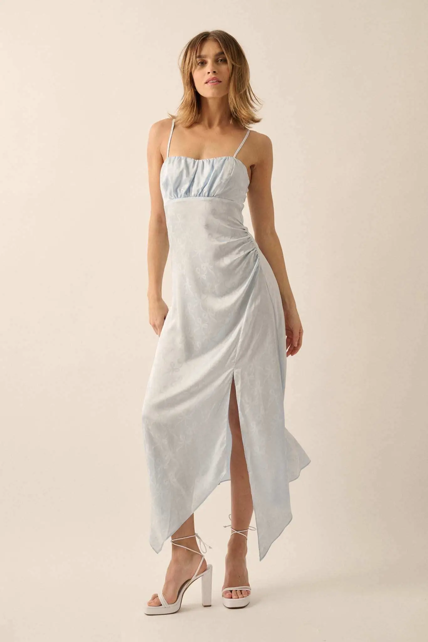Take a Bow Satin Jacquard Asymmetrical Midi Dress - Image 4