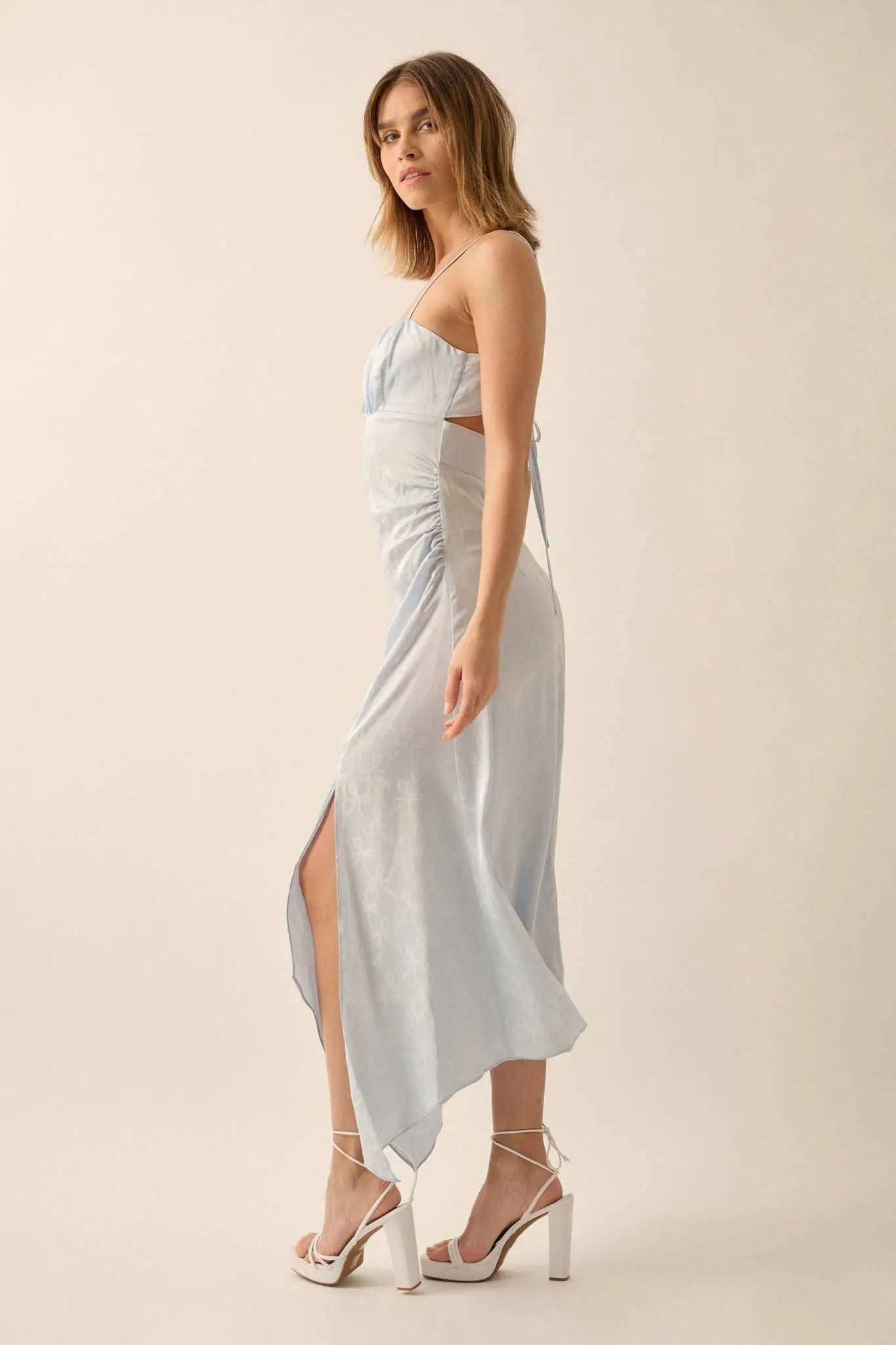 Take a Bow Satin Jacquard Asymmetrical Midi Dress - Image 7