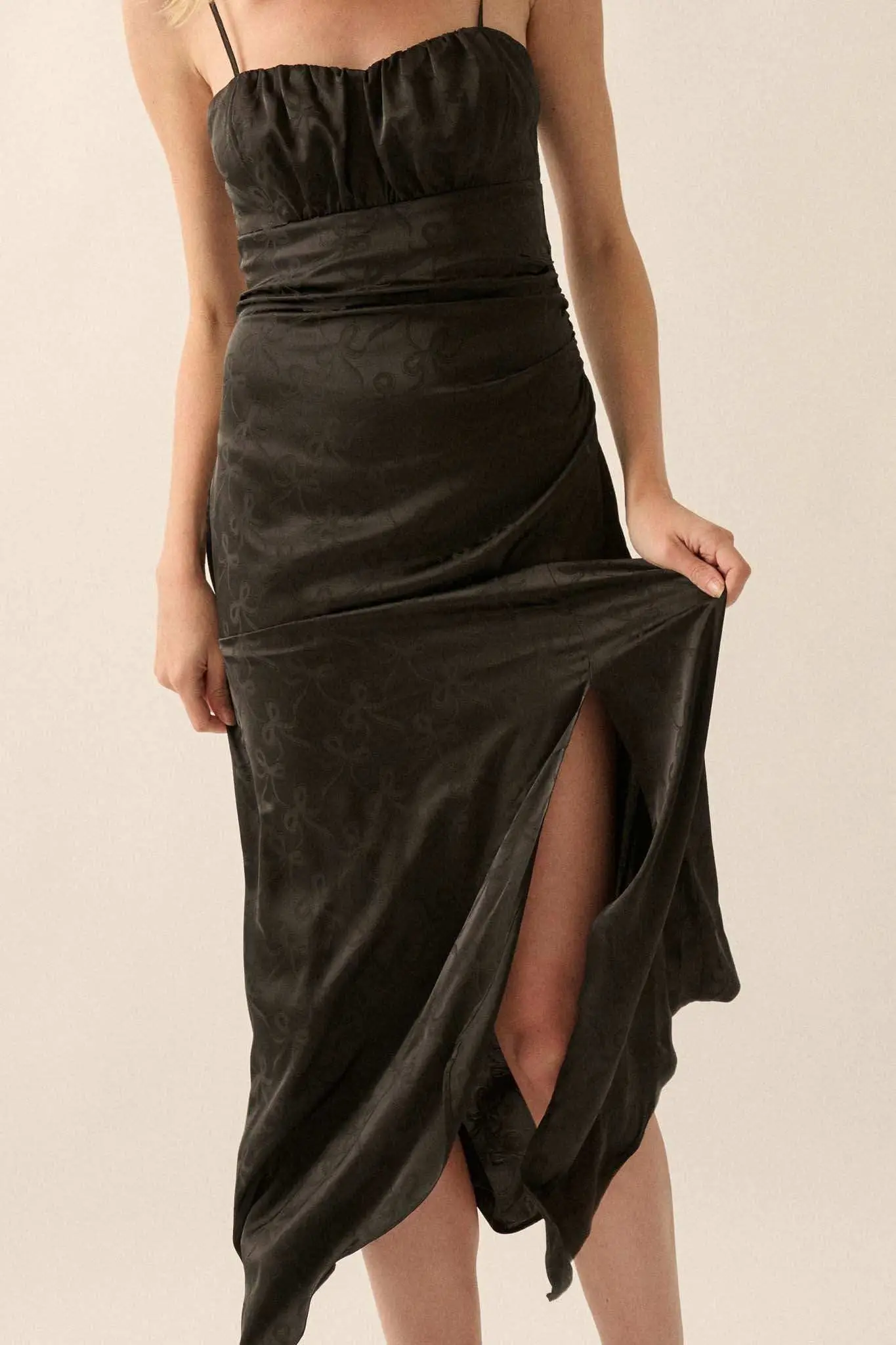 Take a Bow Satin Jacquard Asymmetrical Midi Dress - Image 9