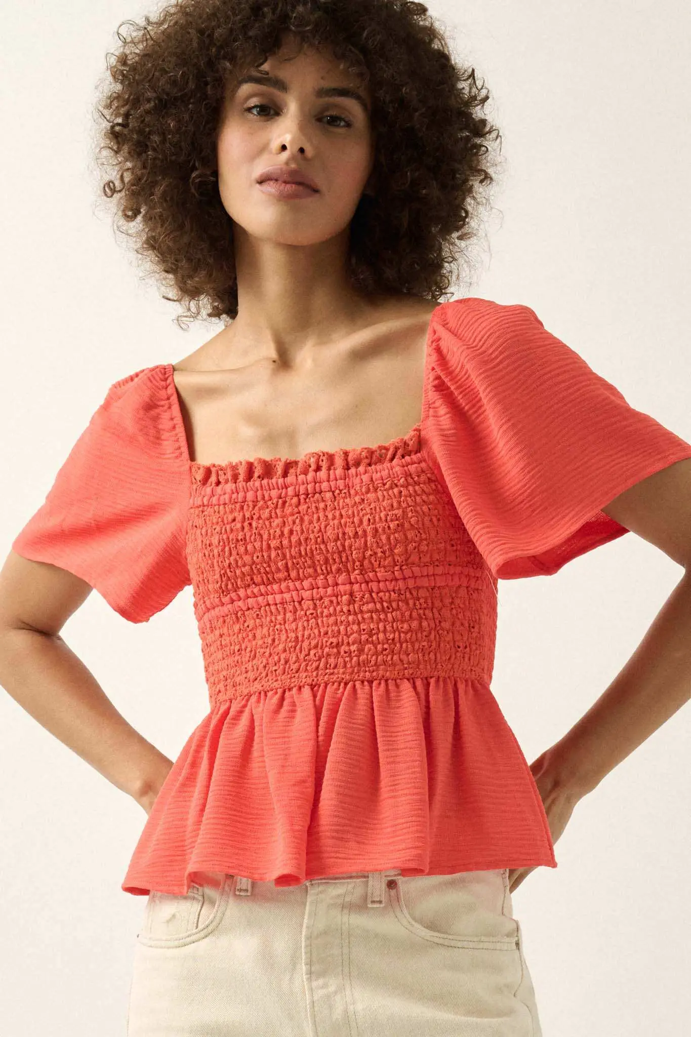 Take It to Heart Smocked Crochet Lace Peasant Top - Image 3