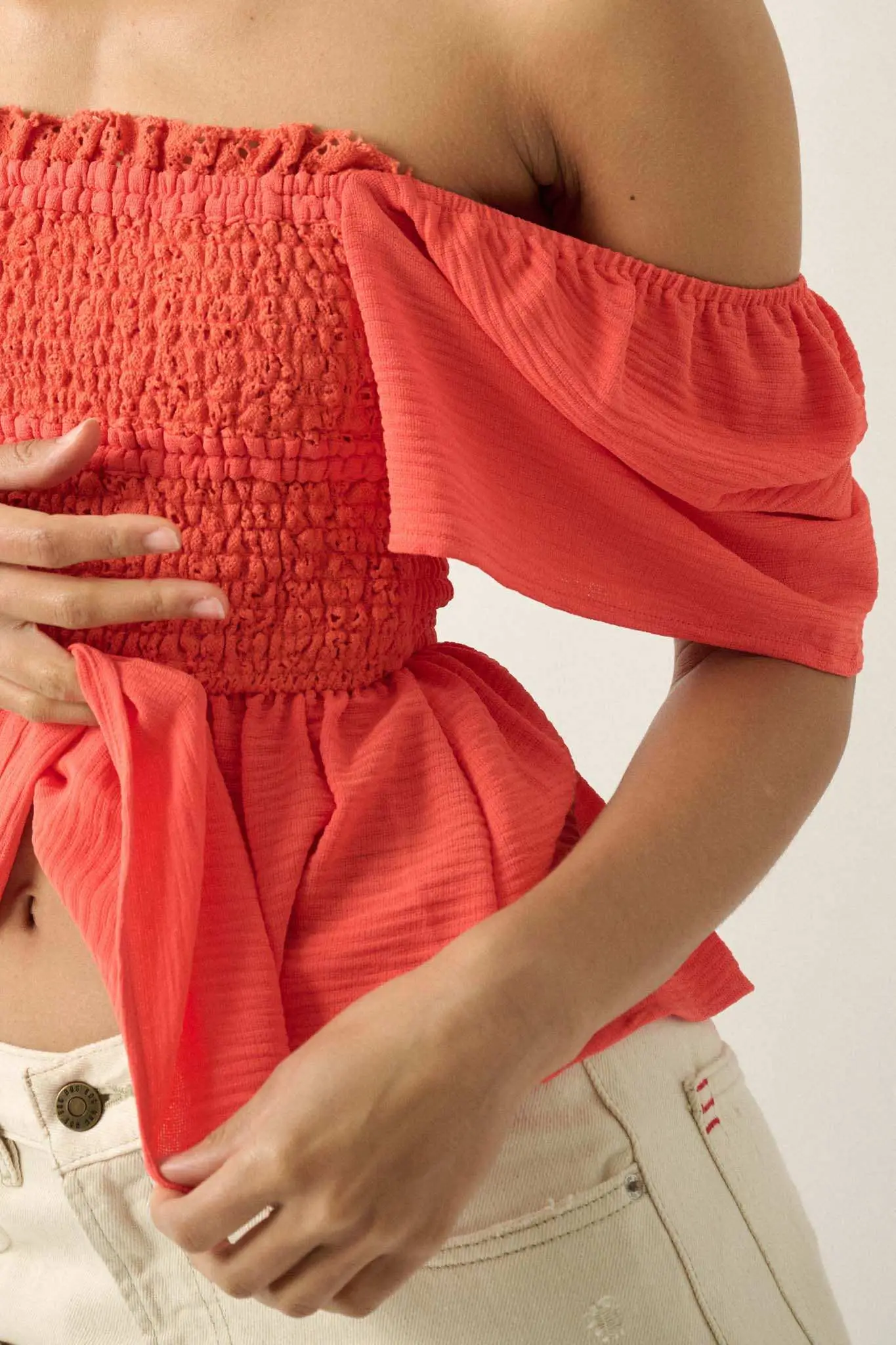 Take It to Heart Smocked Crochet Lace Peasant Top - Image 4