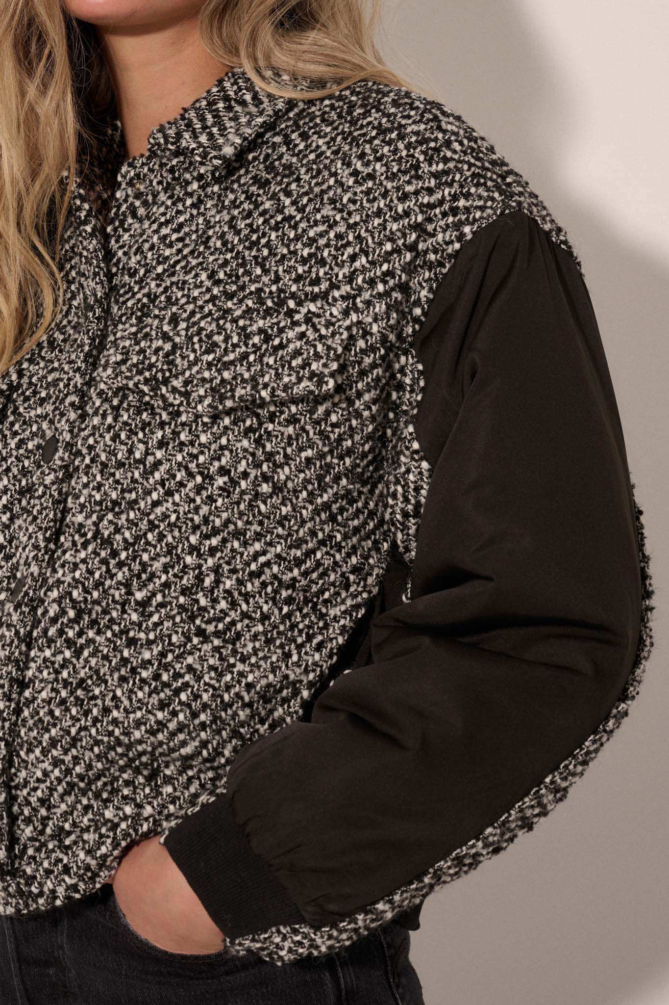 Take the Tweed Mixed Media Trucker Bomber Jacket - Image 3