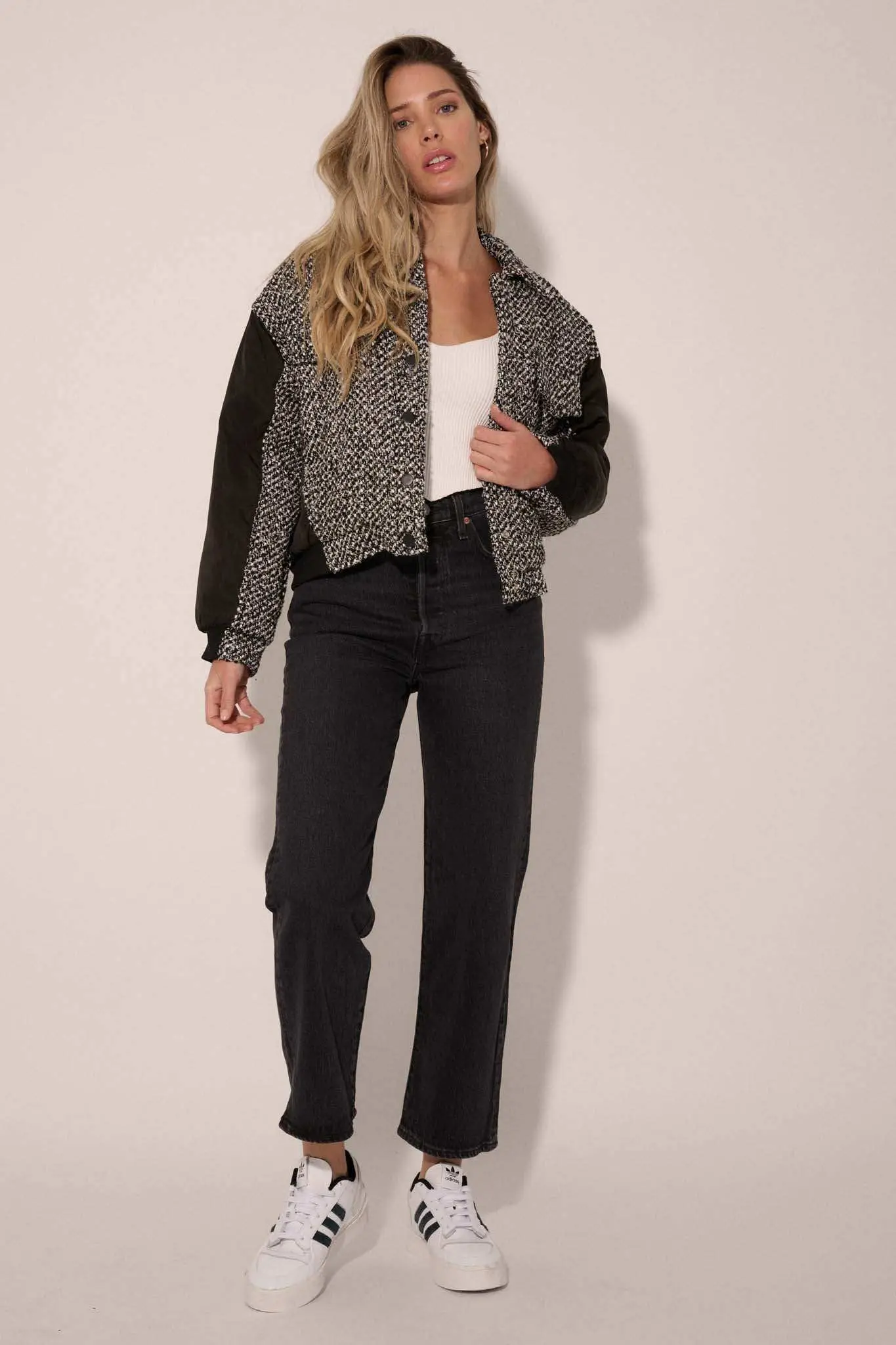 Take the Tweed Mixed Media Trucker Bomber Jacket - Image 4
