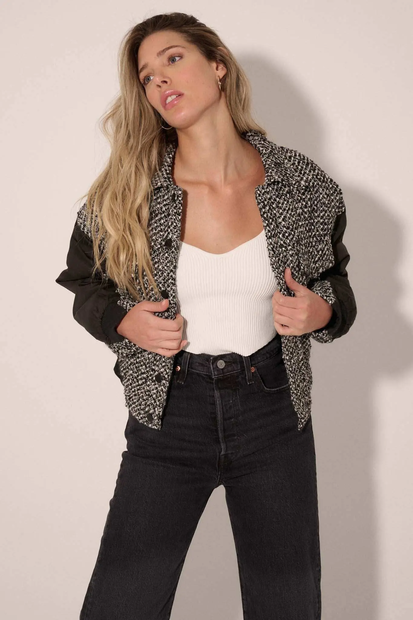 Take the Tweed Mixed Media Trucker Bomber Jacket - Image 6
