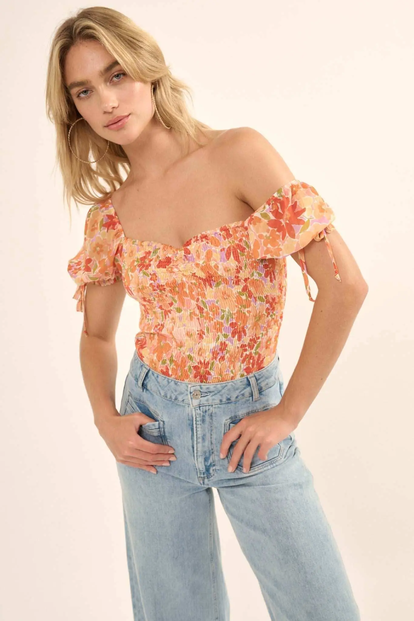 Tangerine Dream Floral Chiffon Smocked Peasant Top - Image 3