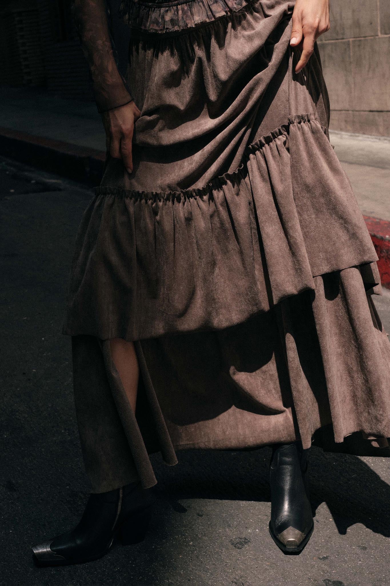Tender Touch Vegan Suede Tiered Ruffle Maxi Skirt - Image 12