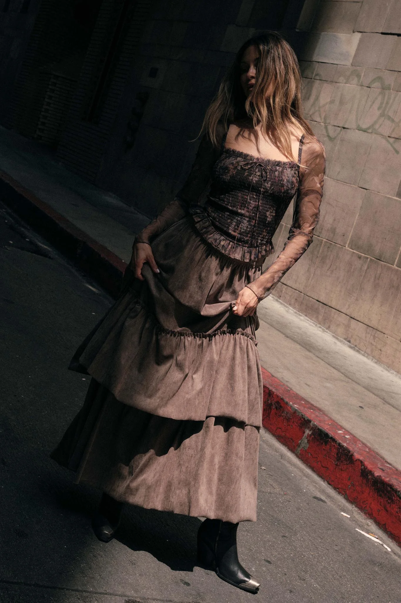 Tender Touch Vegan Suede Tiered Ruffle Maxi Skirt - Image 13