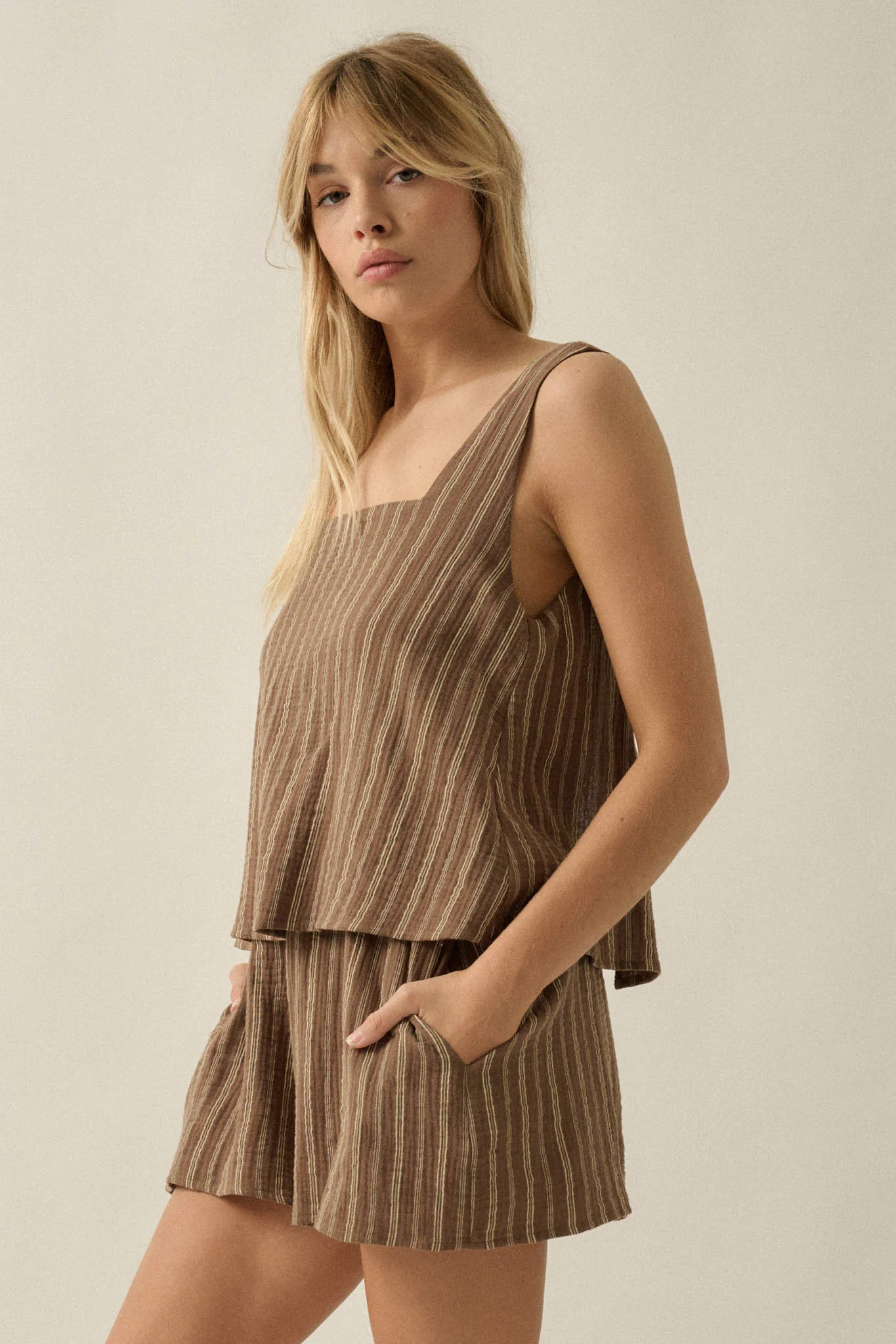 Tide Line Striped Cotton Sleeveless Layered Romper - Image 6