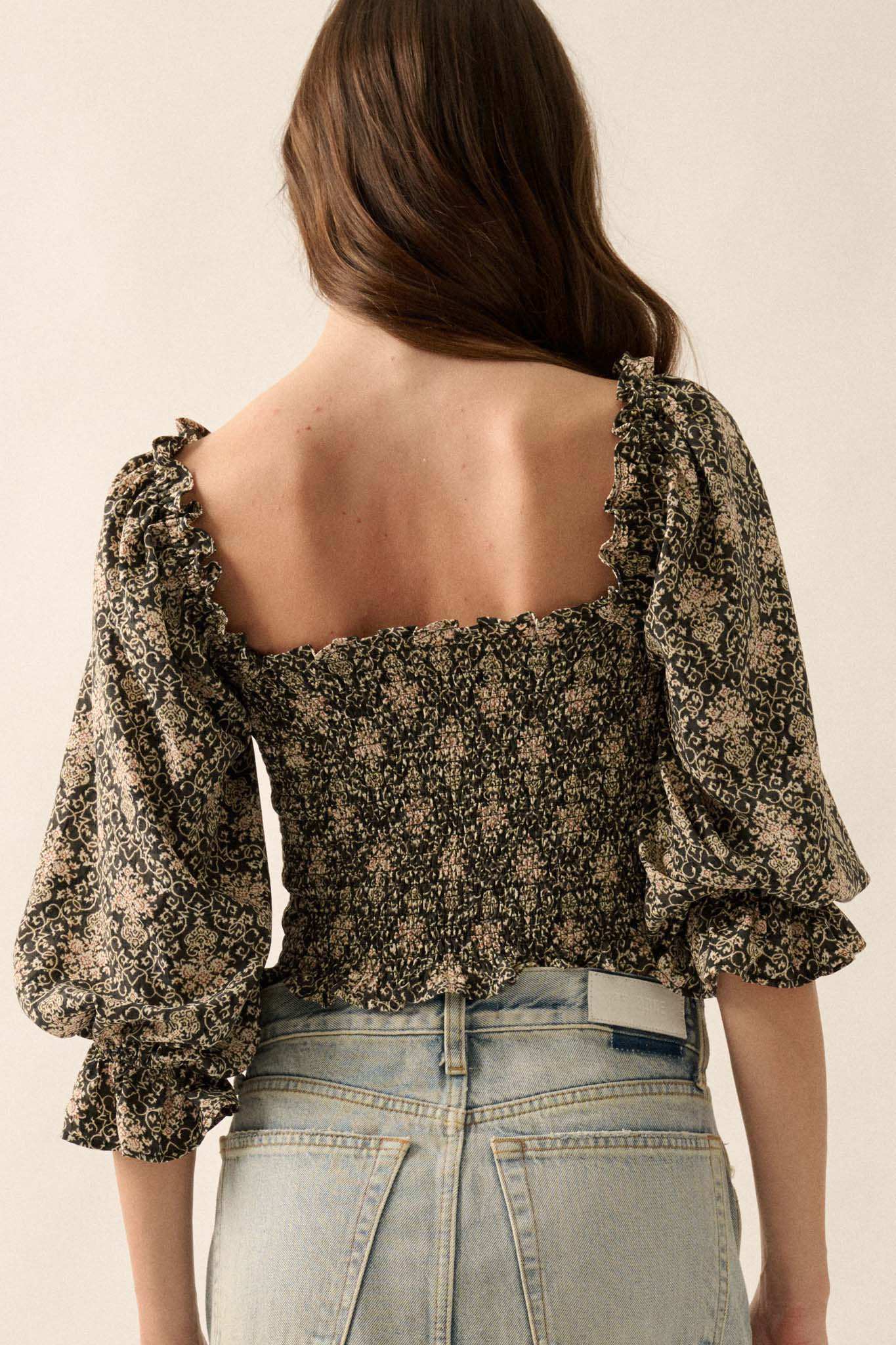 Timeless Beauty Ornate Floral Cropped Peasant Top - Image 2