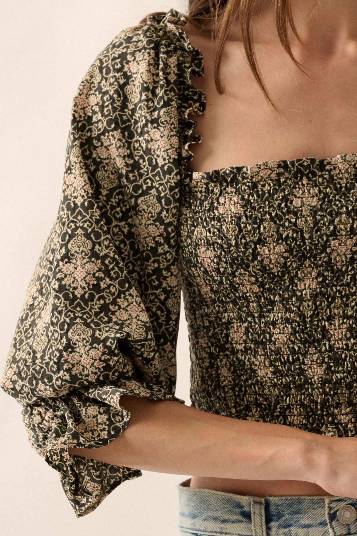 Timeless Beauty Ornate Floral Cropped Peasant Top - Image 4