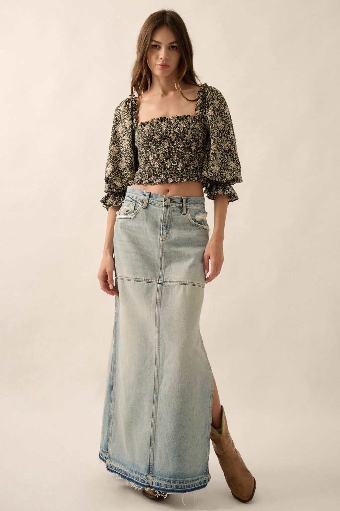 Timeless Beauty Ornate Floral Cropped Peasant Top - Image 5