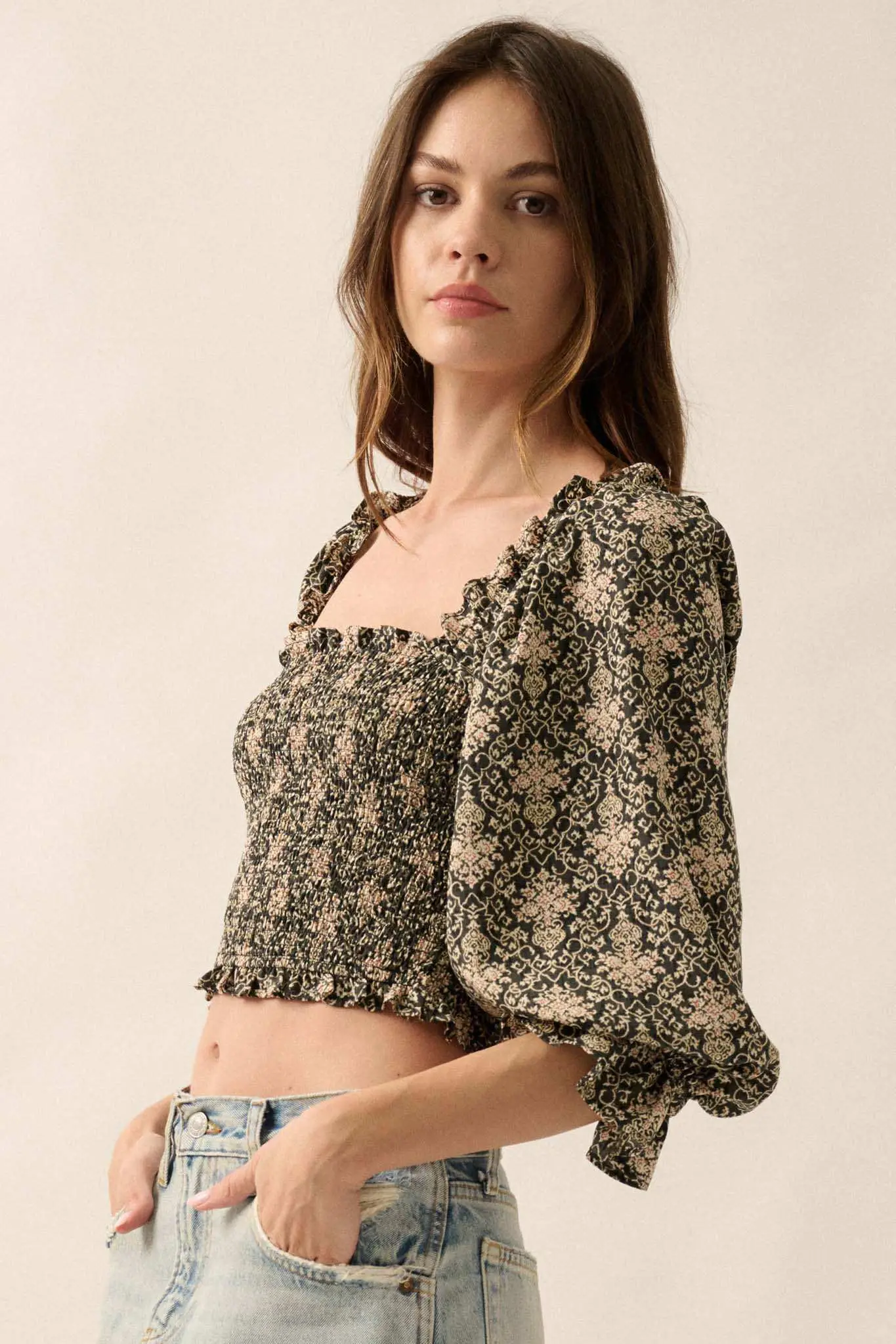 Timeless Beauty Ornate Floral Cropped Peasant Top - Image 6