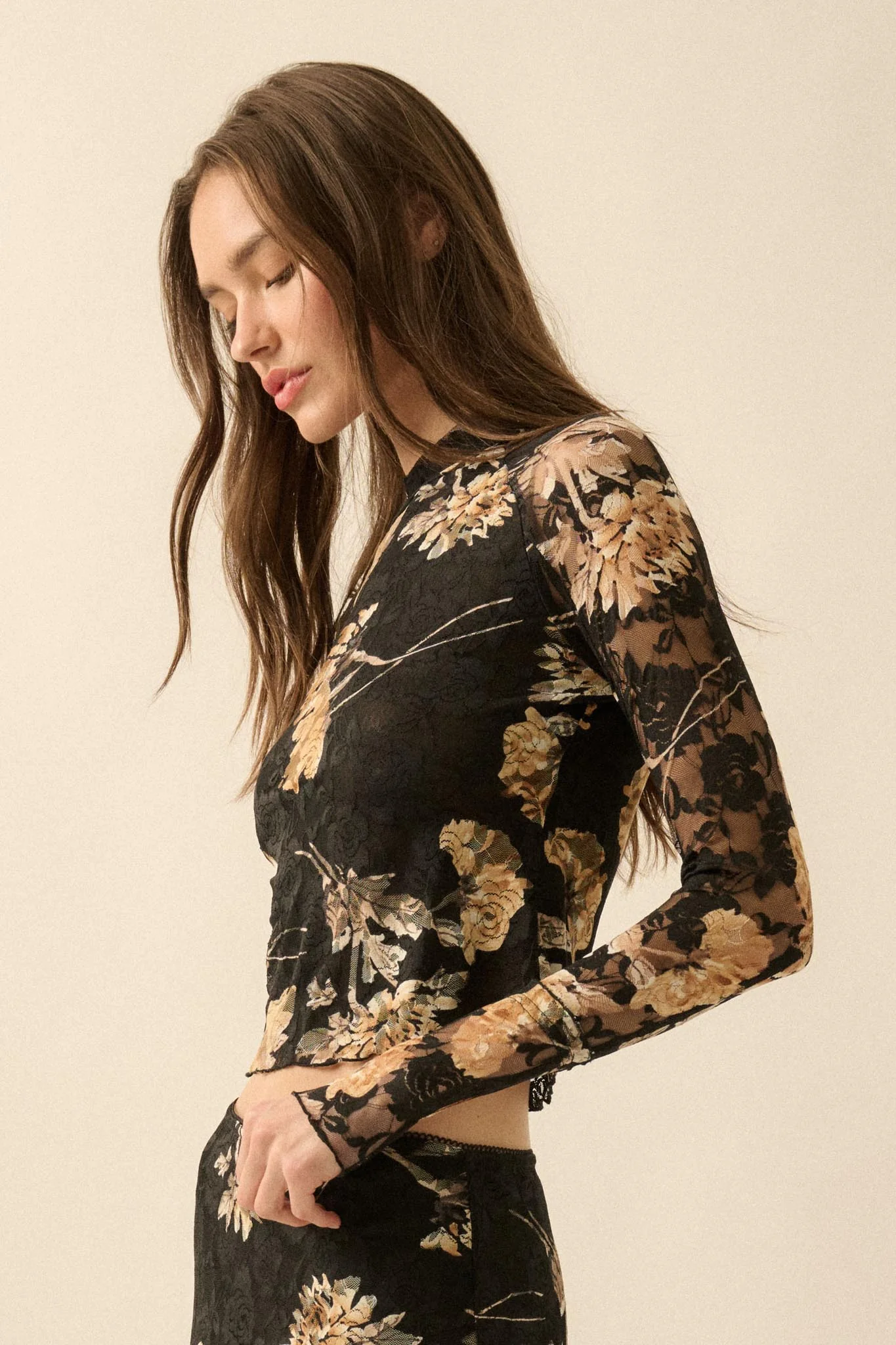 Timeless Blooms Printed Floral Lace Mock-Neck Top - Image 5