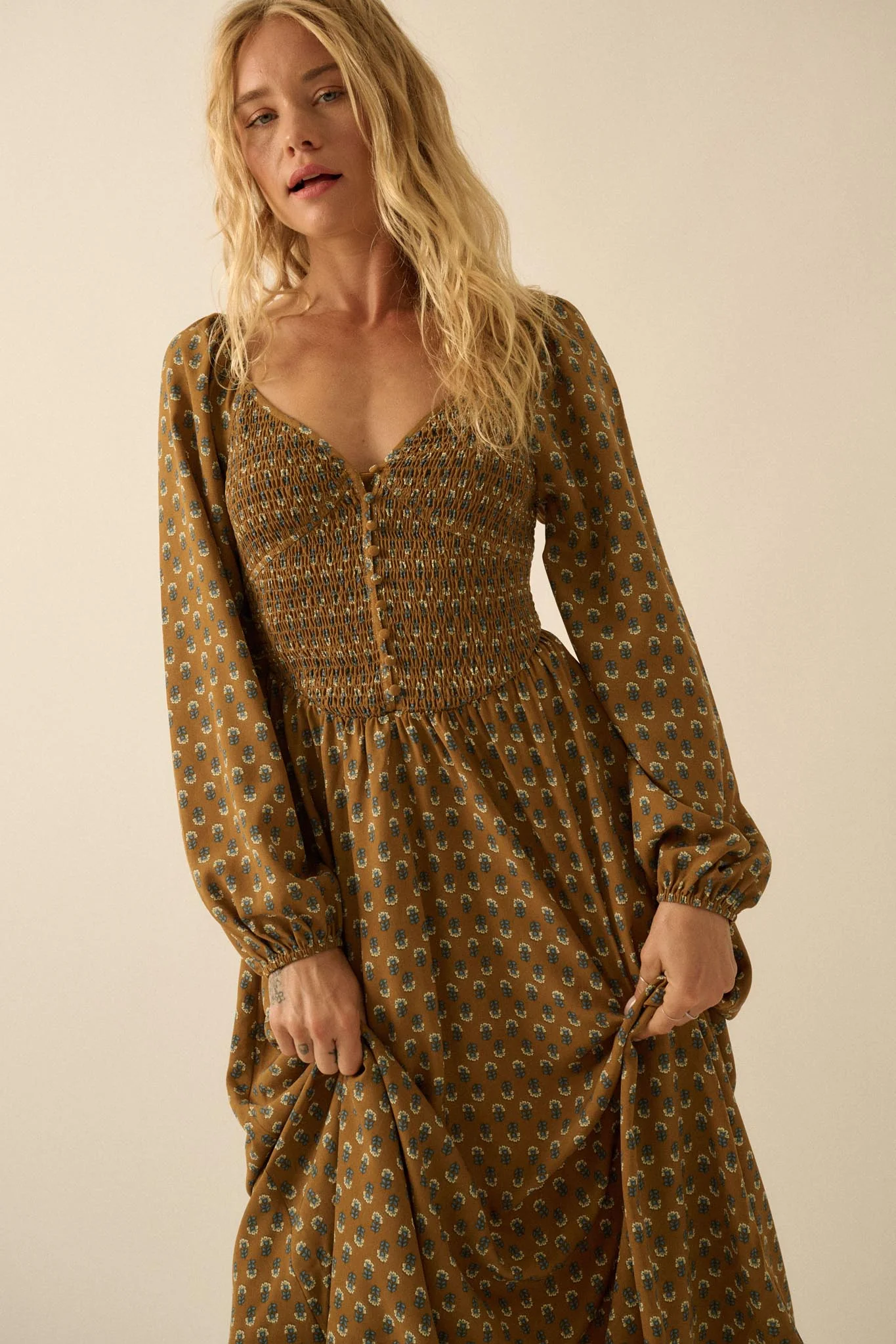 Tiny Petals Smocked Floral Midi Peasant Dress - Image 2