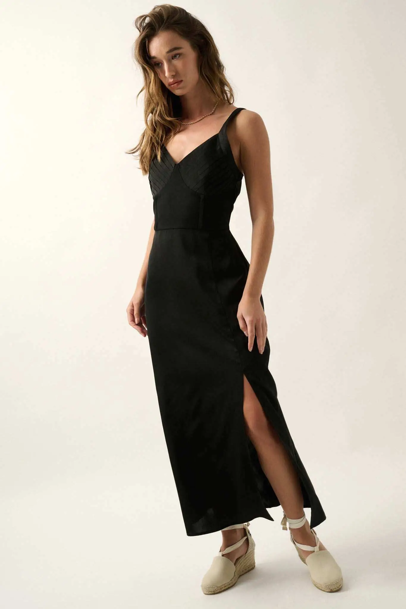 To the Nines Pleated Bodice Satin Midi Dress - Image 11