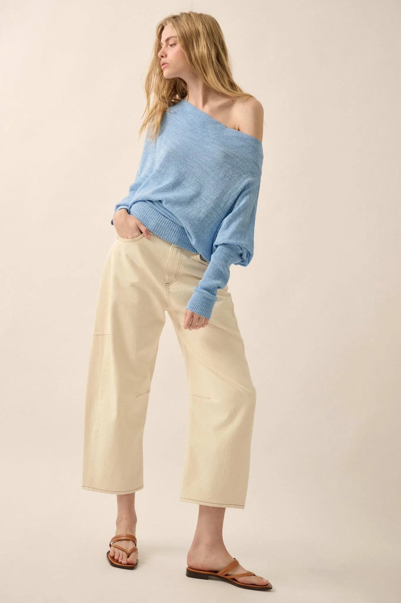 Too Blessed One-Shoulder Slub-Knit Dolman Sweater - Image 3