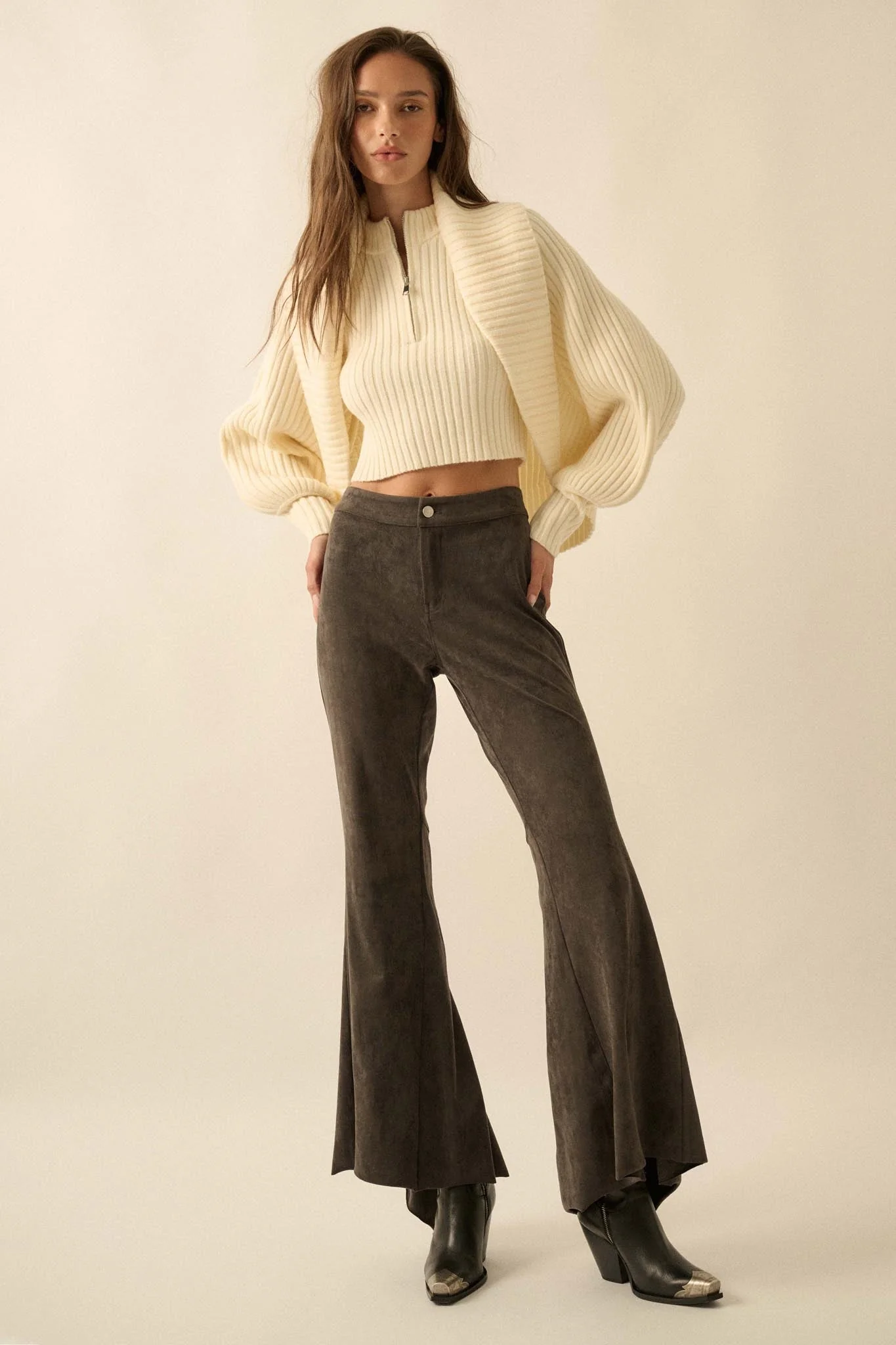 Touch of Flair Vegan Suede Flare Pants - Image 4