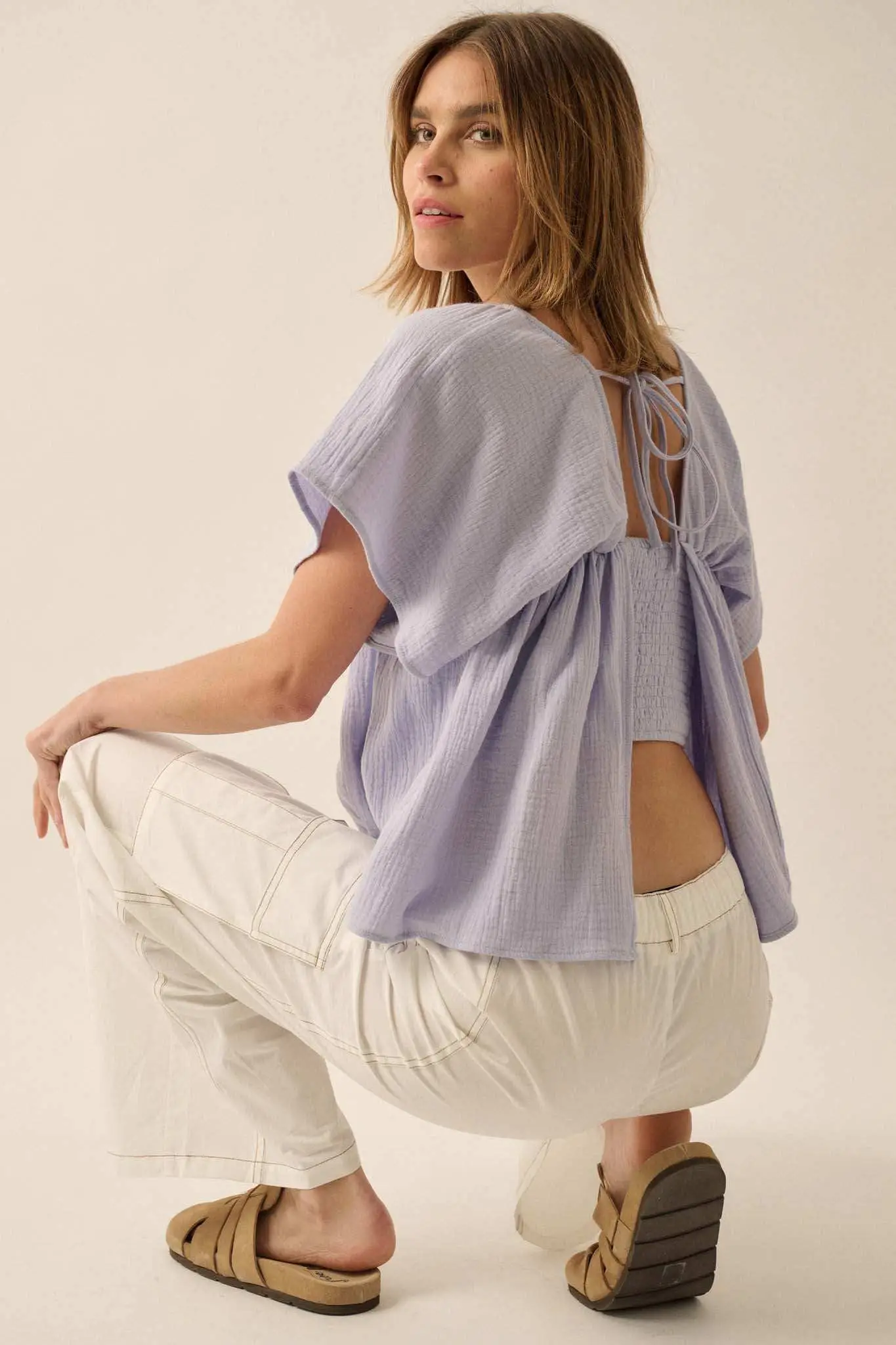 Touch of Love Crinkle Cotton Tie-Back Babydoll Top