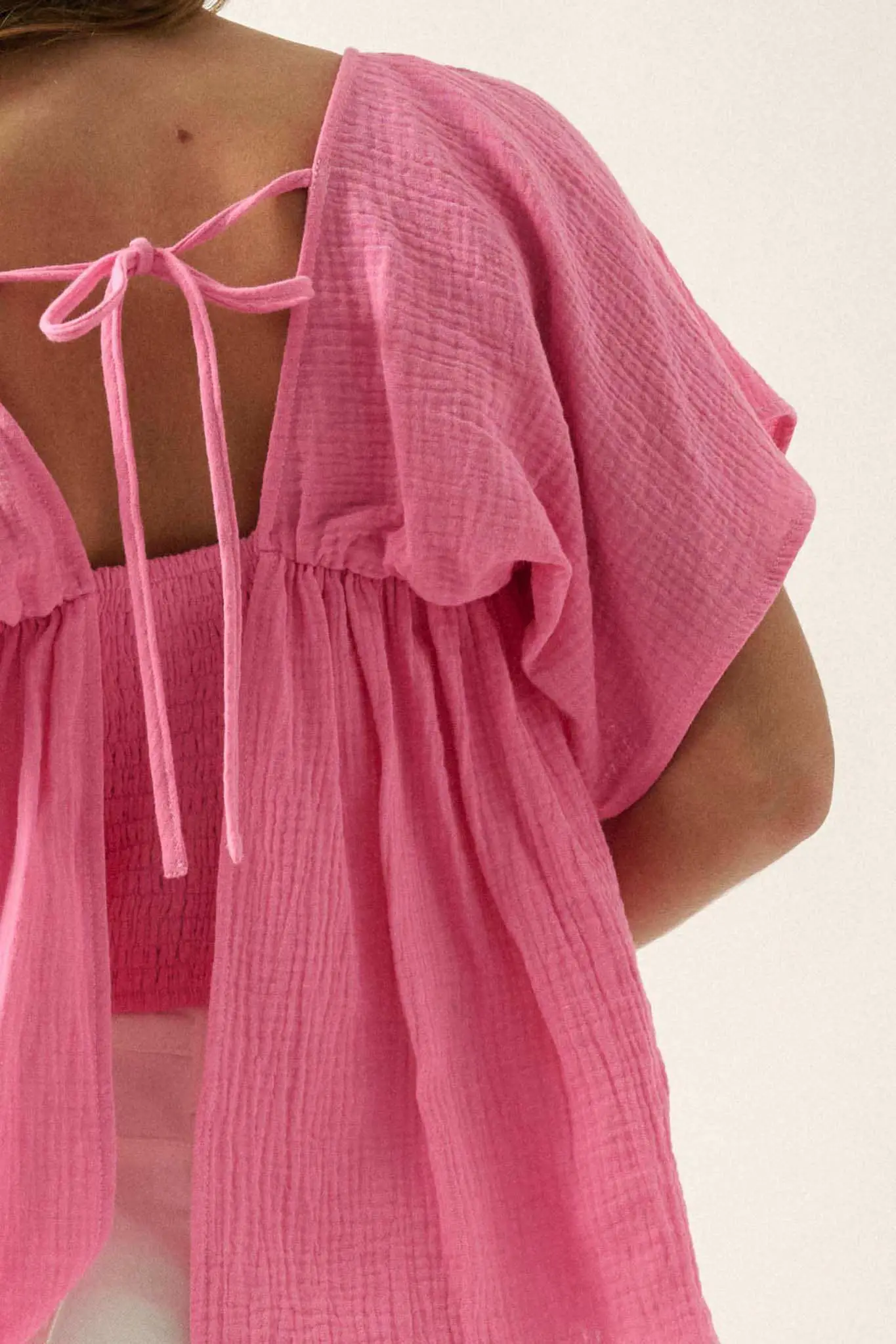 Touch of Love Crinkle Cotton Tie-Back Babydoll Top - Image 10