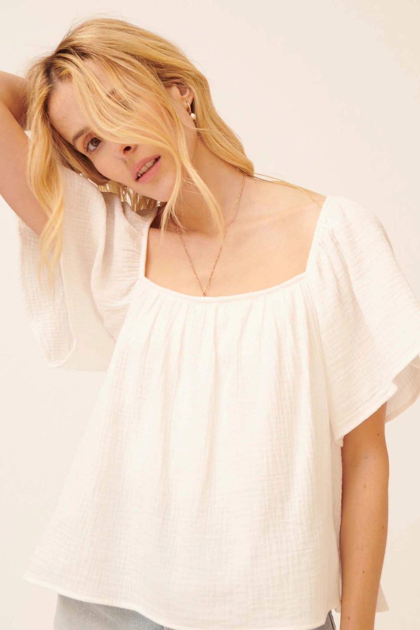 Touch of Love Crinkle Cotton Tie-Back Babydoll Top - Image 12