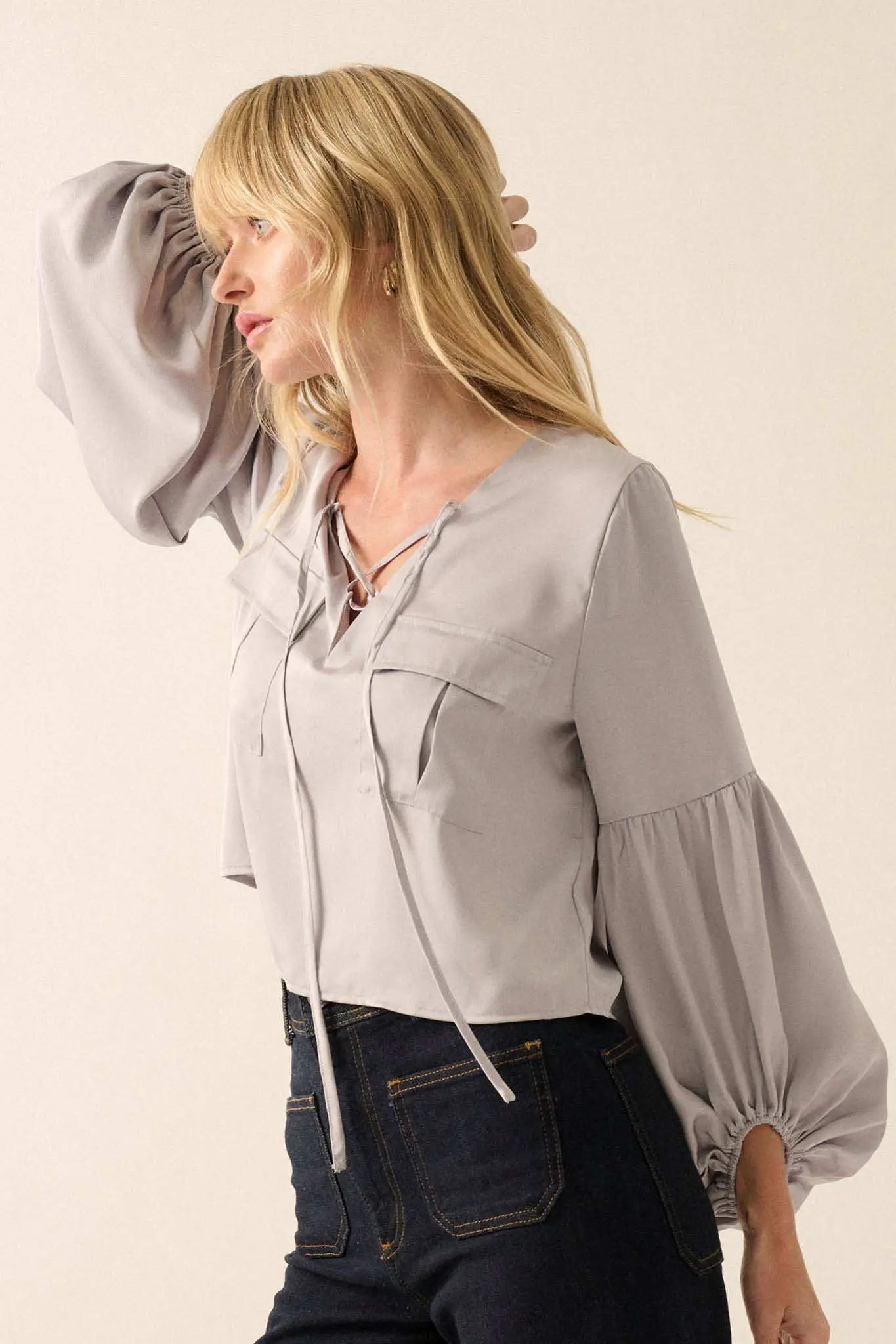 Touch of Silk Matte Satin Lace-Up Peasant Top - Image 10