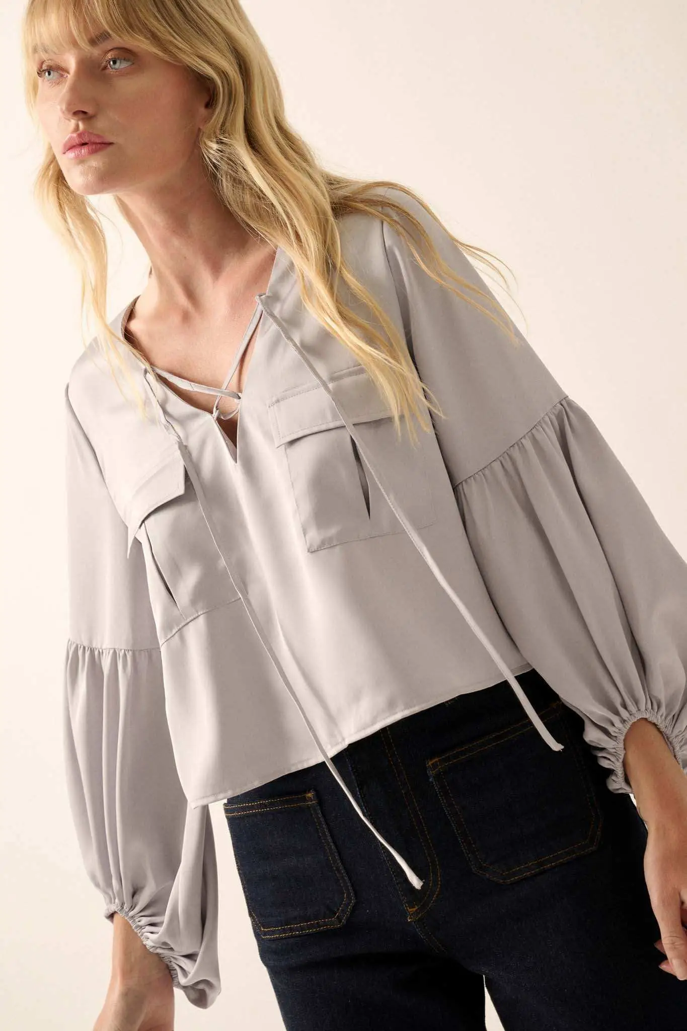 Touch of Silk Matte Satin Lace-Up Peasant Top - Image 6