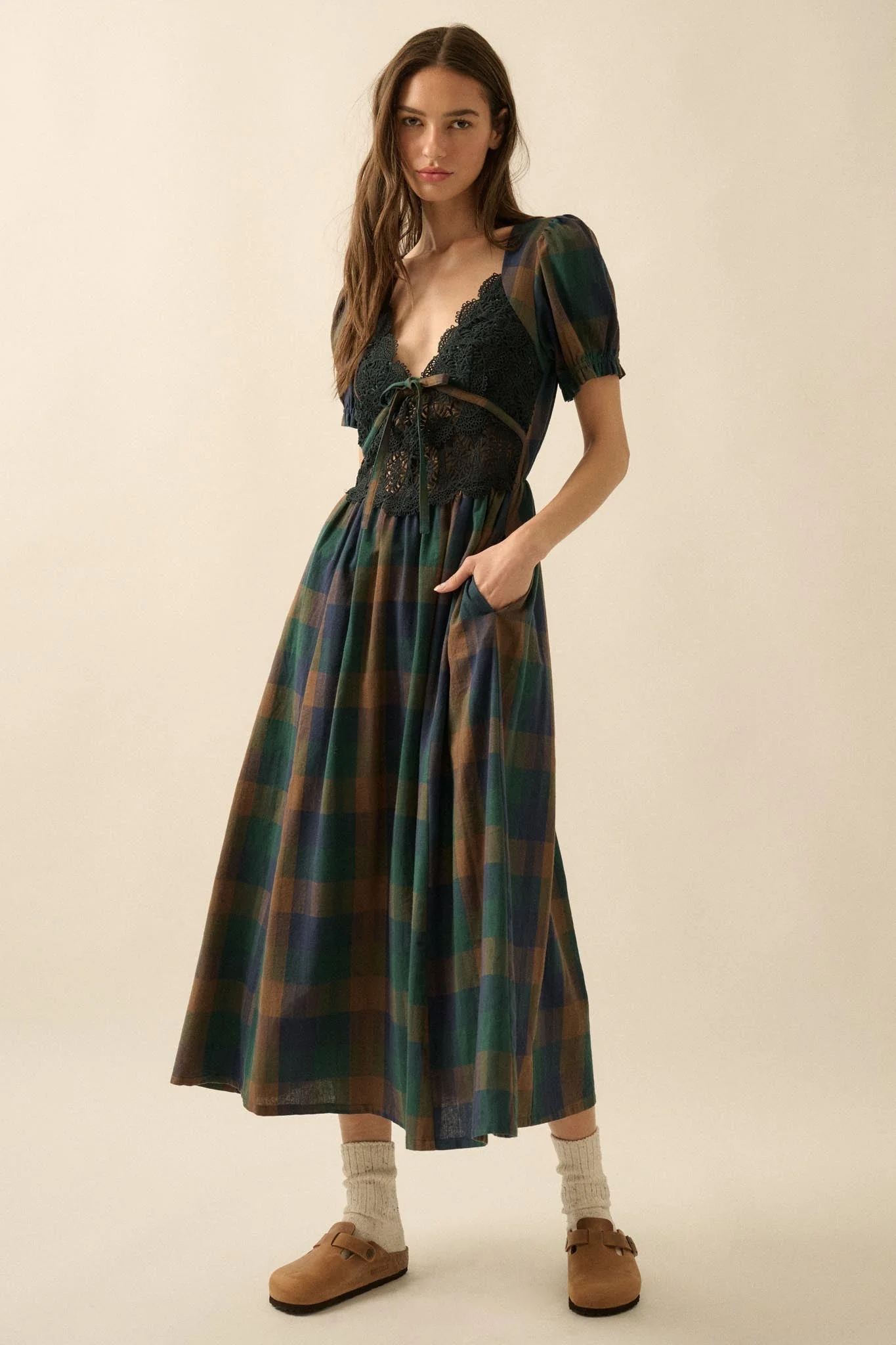 True Country Plaid and Lace Puff-Sleeve Midi Dress - Image 12